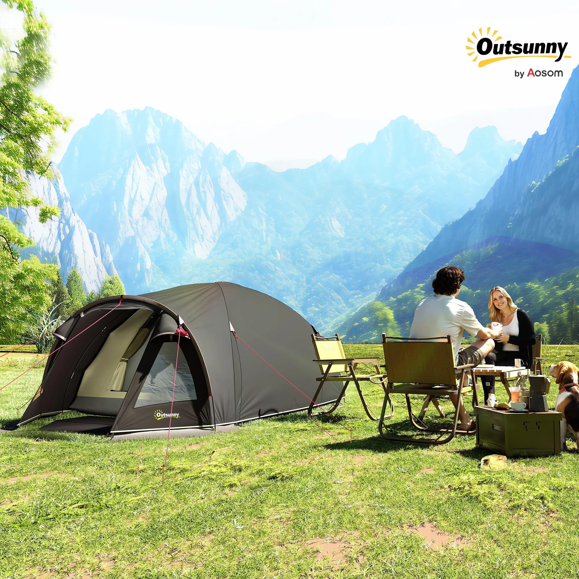 Outsunny Tenda da Campeggio a Tunnel per 2 Persone 2 Stanze Impermeabile 3000mm 330x190x120 cm Nero