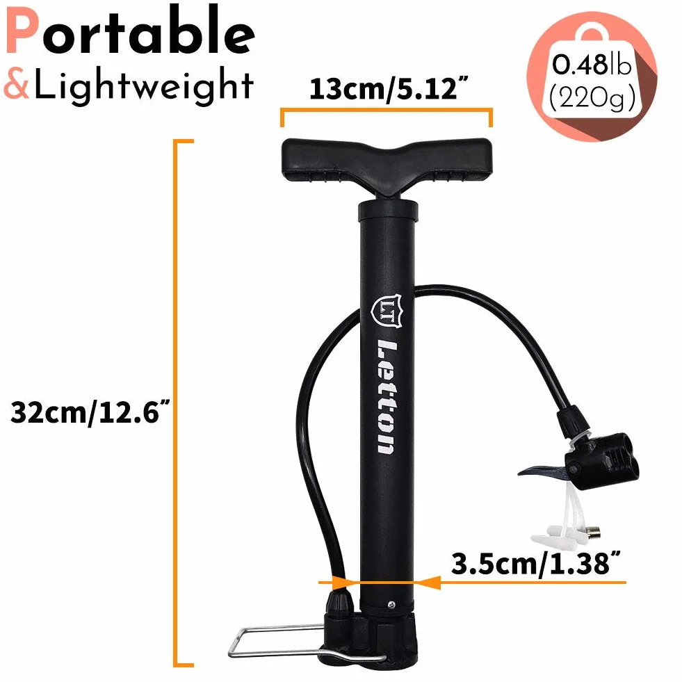 Letton Pompa da Pavimento Portatile per Bici, 8 Bar / 120 psi, valvole Presta e Schrader, ago a Sfera