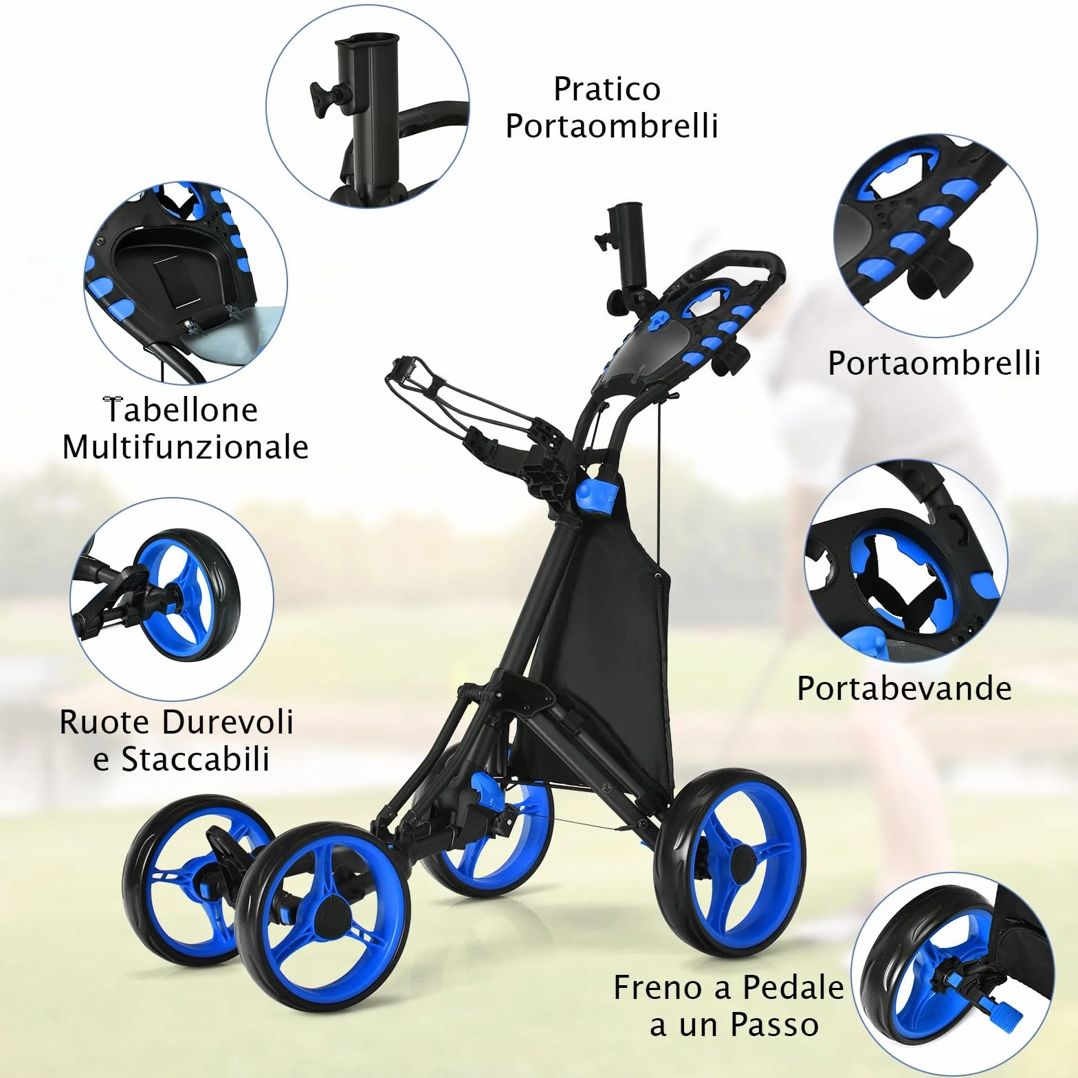COSTWAY Carrello da Golf Pieghevole Leggero 4 Ruote con Borsa Impermeabile, Freno a Pedale, Porta Tazza e Porta Ombrello