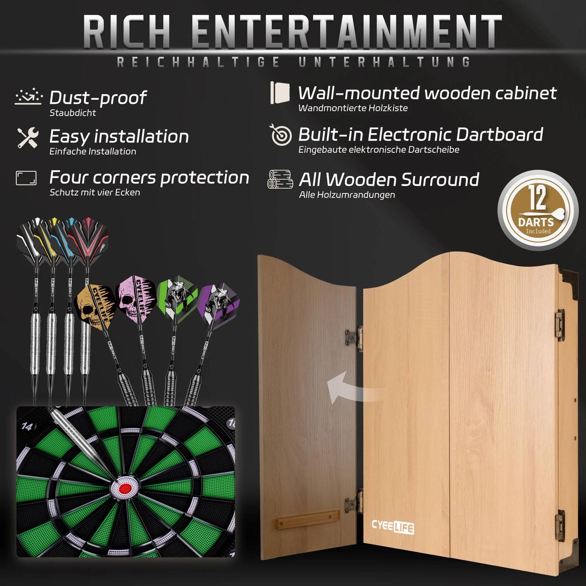 CyeeLife Bersaglio Elettronico per Freccette con Antine, Tavolo da Freccette con Computer, 12 Freccette Soft, 34 Giochi & 355 Varianti, 8 Giocatori