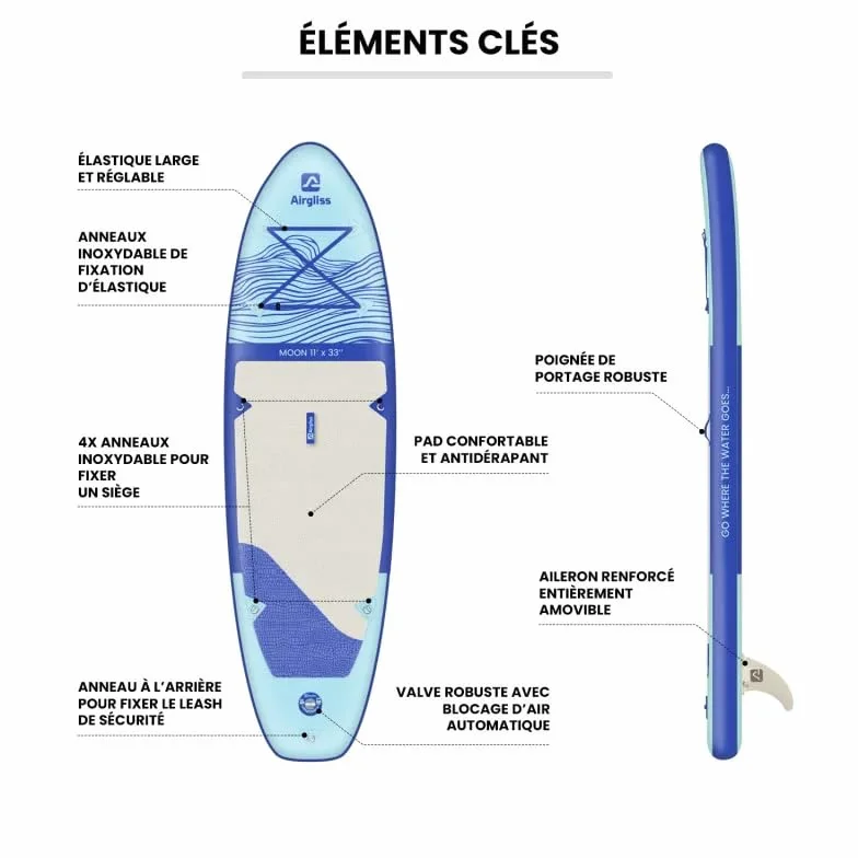 Paddle Gonfiabile AIRGLISS Moon 11.0 FINO A 2 Persone (Max. 170kg) | Adulto E Bambino | Stabile E Di Qualite | Completo di Tutti Gli Accessori: PAGAIA, GONFIORE, Borsa, ALLERON, Leash