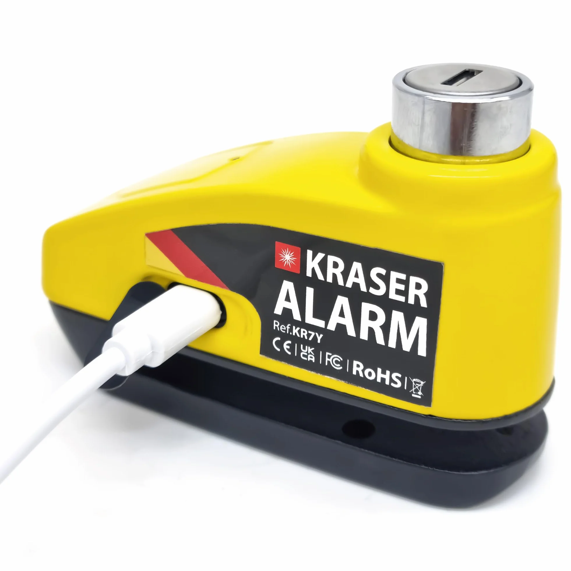 KRASER KR7Y Antifurto Moto Blocca Disco con Allarme 110dB, USB Batteria Ricaricabile, Sensori Movimento, Impermeabile Resistente Visibile, Blocco Veloce, Lucchetto Bloccadisco Sonoro 7mm Universale