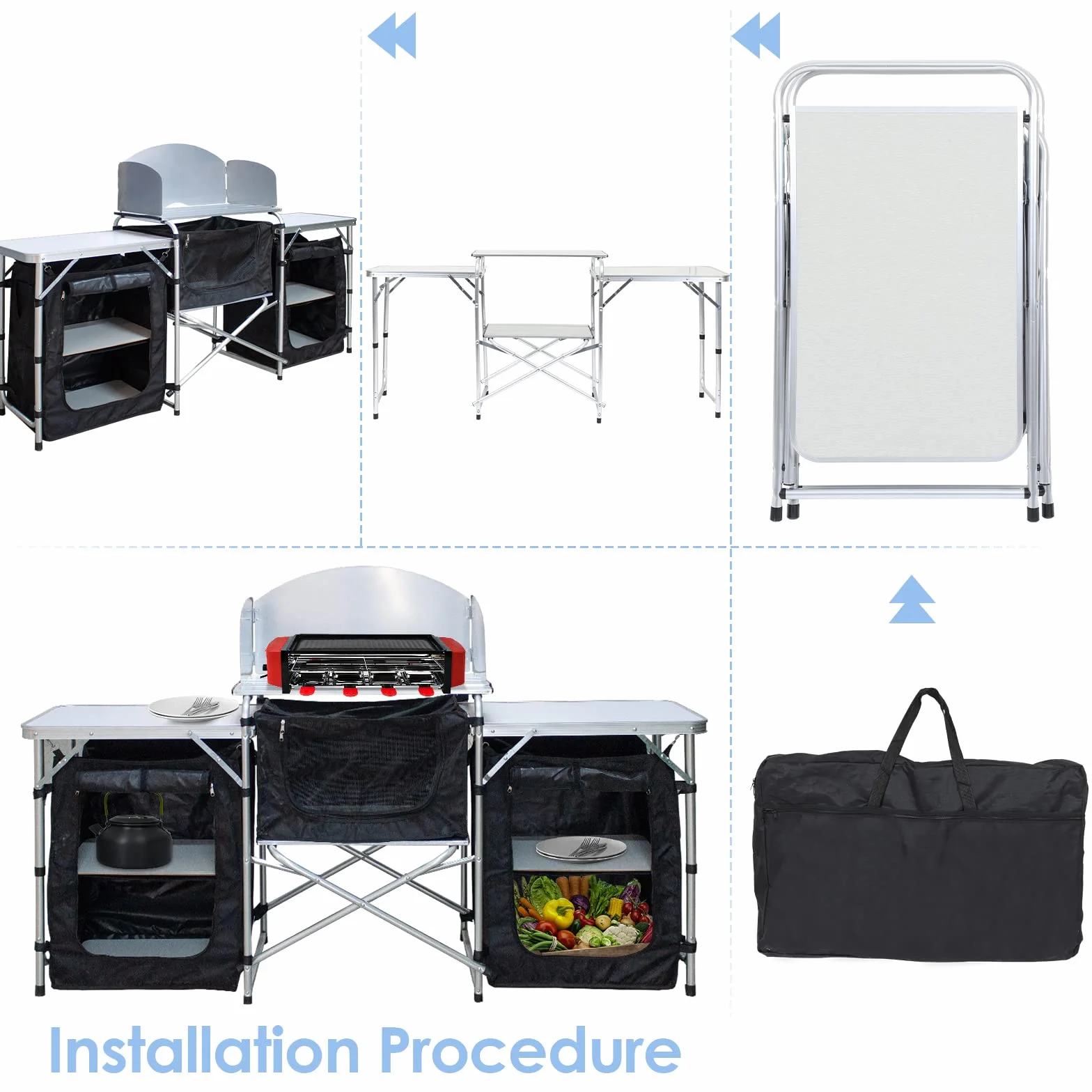 Cucina da campeggio con paraspruzzi e borsa trasporto, armadio pieghevole telaio alluminio, outdoor