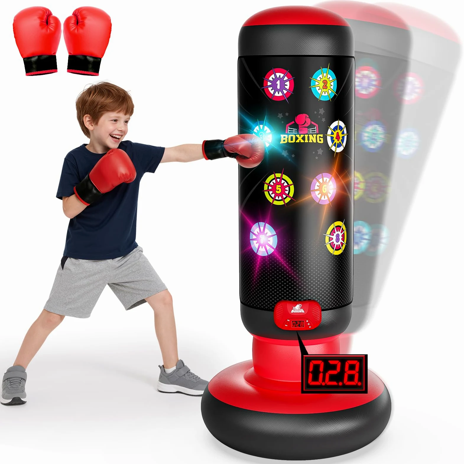 Sacco da boxe per bambini, sacco da boxe in piedi con musica e luce, borsa interattiva, sacco da boxe gonfiabile con guantoni da boxe, regali per 6, 7, 8, 9, 10, 11, 12 anni, aggiornamento 2026