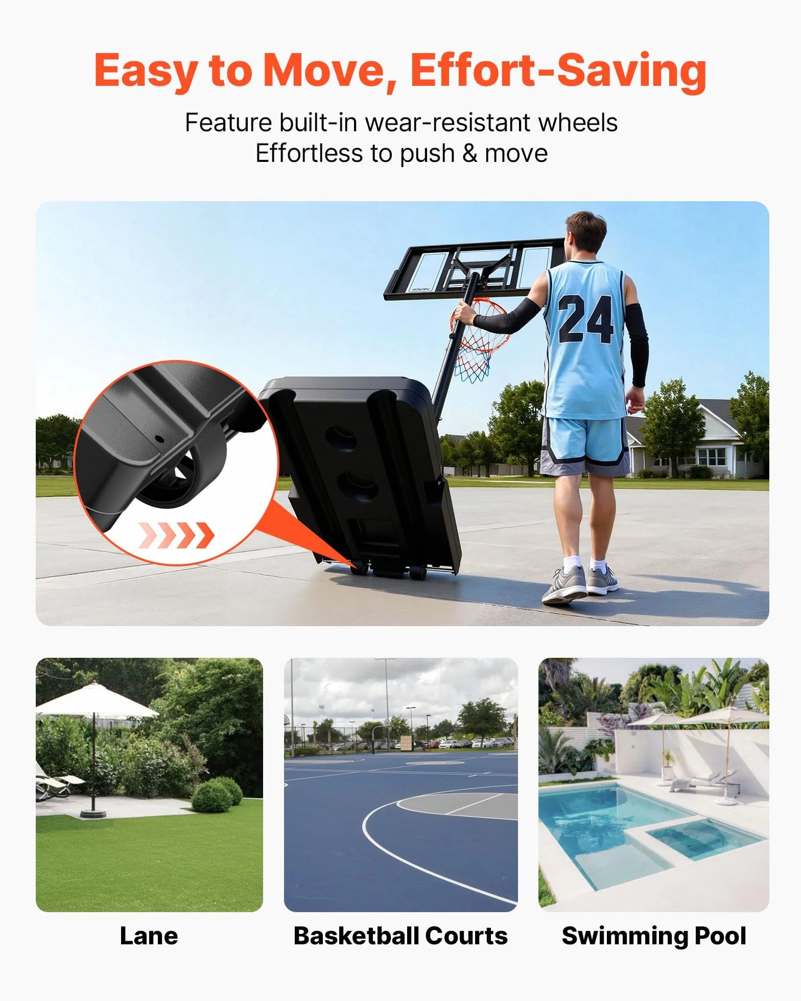 VEVOR Canestro da Basket da Esterno Regolabile in Altezza 3,05 m con Tabellone in PC 1117,6 mm e Ruote