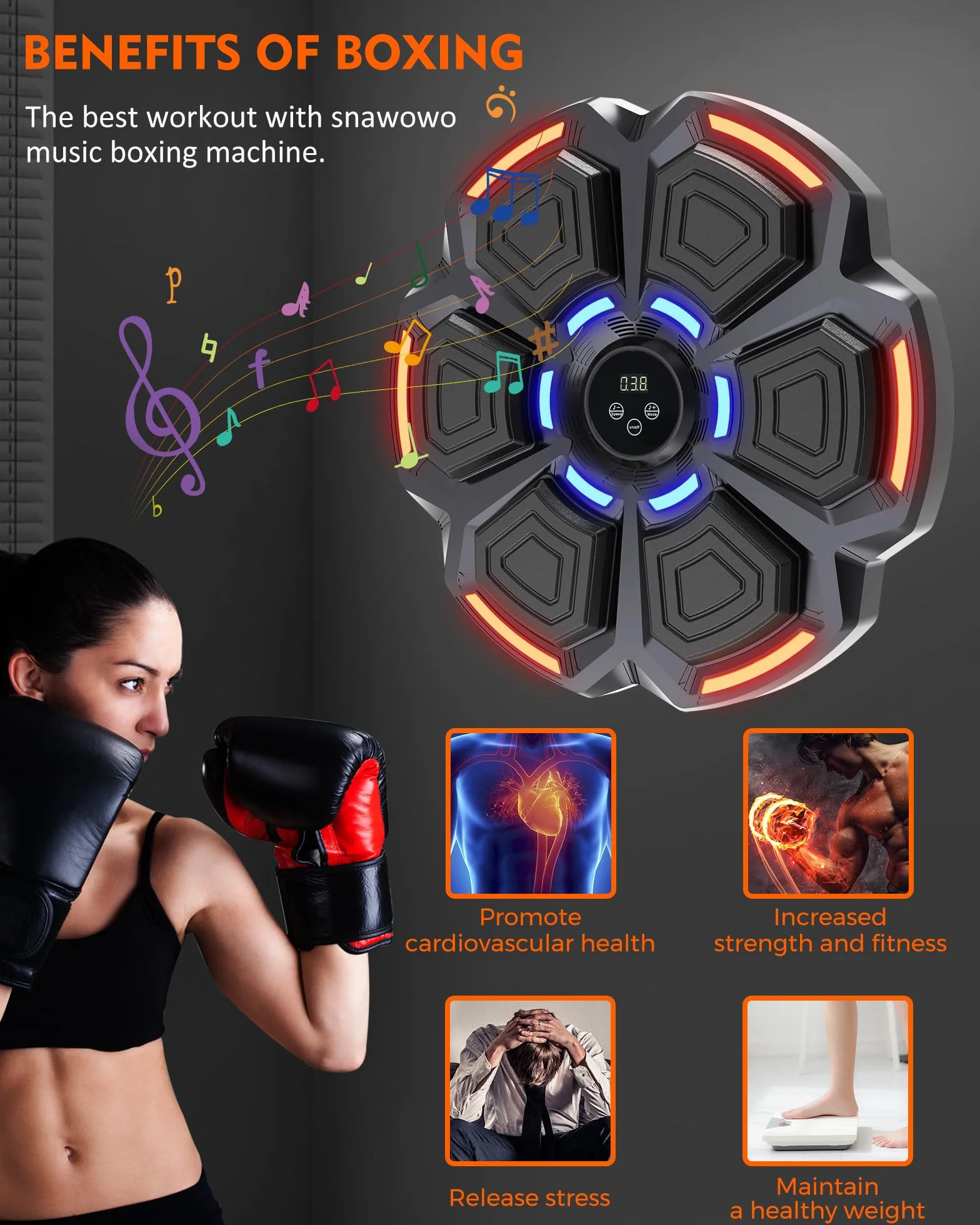snawowo Music Boxing Machine Adulti - 9 modalità di velocità Macchina da Box Musicale Pugile con Guanti da Boxe - LED Parete Tira Pugni con Musica - Bluetooth Boxe Allenamento per Casa
