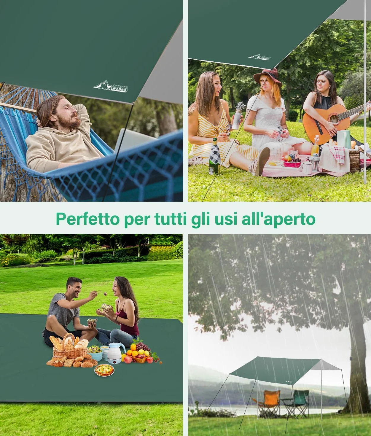 WADEO Kit Telo Copertura con Pali, [3x3M] Impermeabile e Resistente, Protezione UV, Telo da Sole e Pioggia per Shelter, Ideale per Campeggio, Picnic, Spiaggia, Festival, Giardino