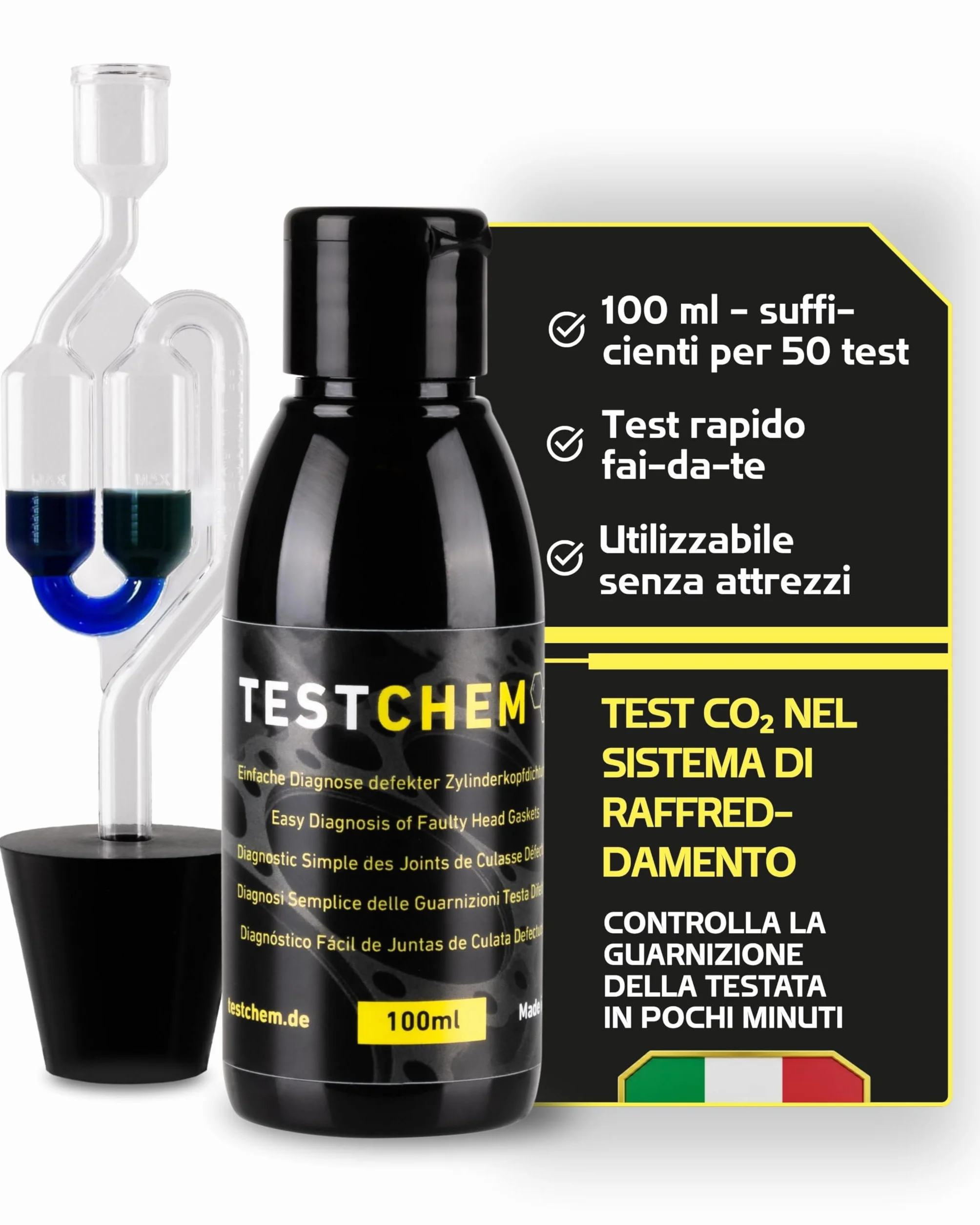 TESTCHEM Tester Guarnizione Testata CO2 100ml – Kit Test Perdite Gas di Scarico Raffreddamento Auto – Ideale Prima di Steel Seal – Universale per Auto, Camion e Motori Raffreddati a Liquido