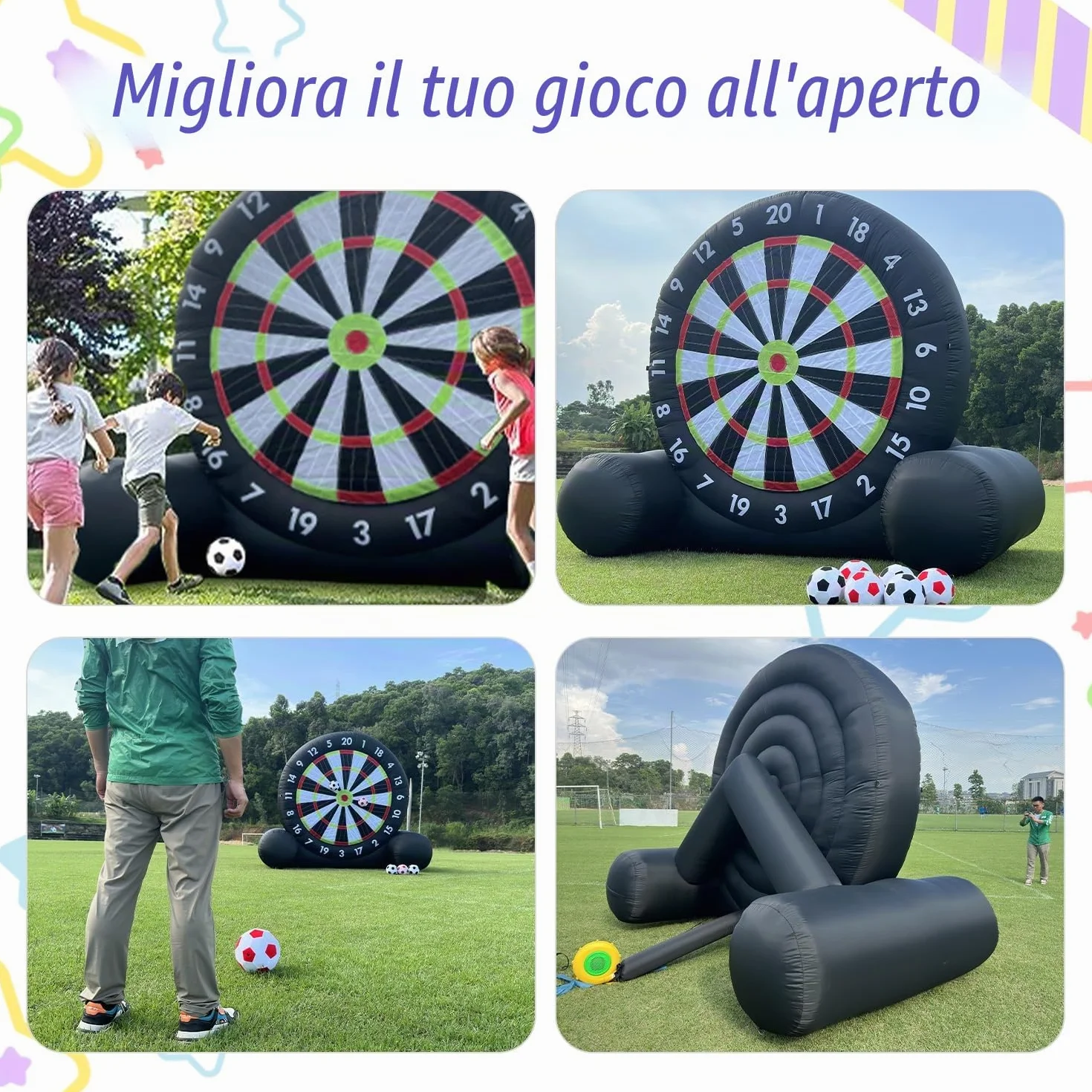 Bersaglio gonfiabile per freccette da calcio all'aperto 3 m con 8 palline e ventilatore 370 W
