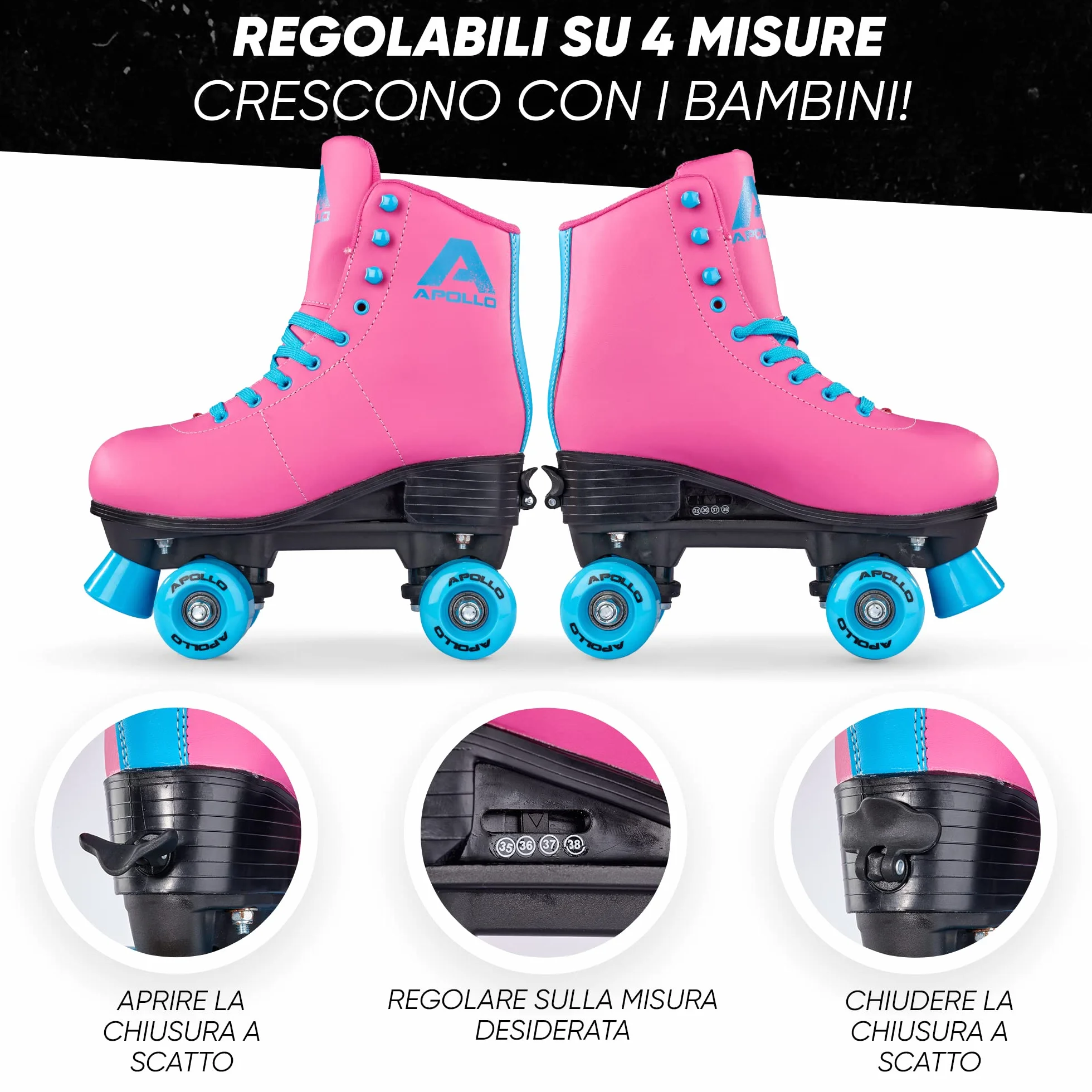 Apollo Pattini a Rotelle Super Quad X Pro | Regolabili per Bambini e Ragazzi | Taglia 31-42