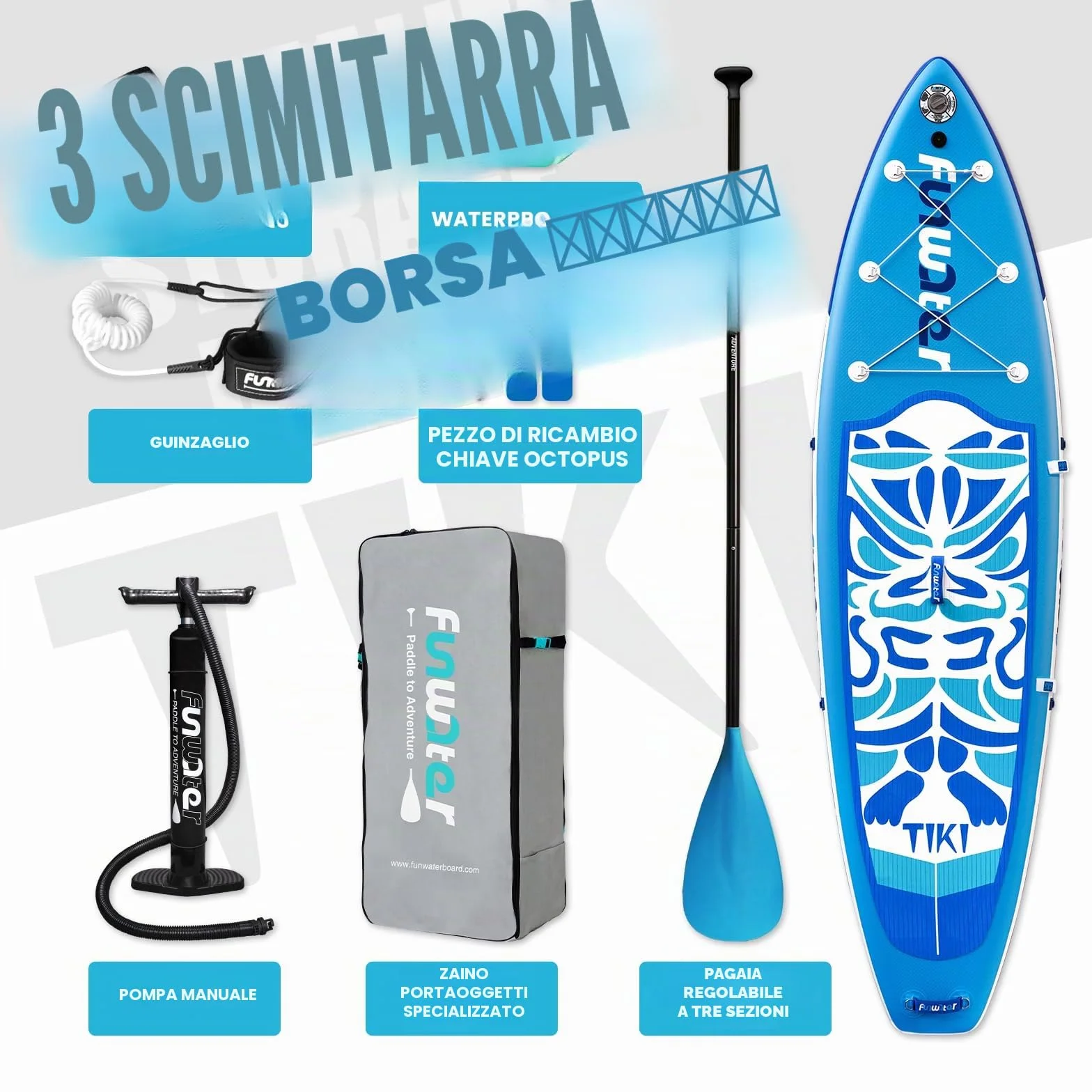 FunWater Tavola Gonfiabile Sup Con Pinne, Guinzaglio, Pompa, Pagaia, Zaino