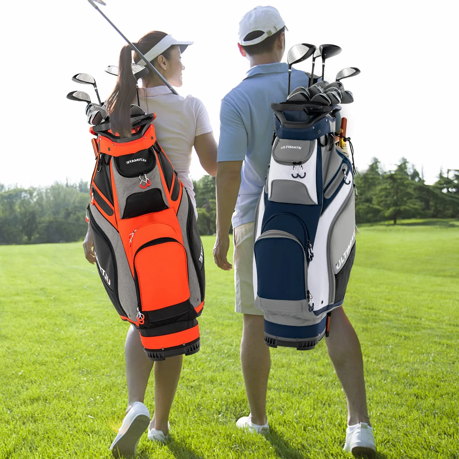 COSTWAY Borsa da Golf Portatile 14 Divisori 7 Tasche Cappuccio Antipioggia Tracolla Manico Portaombrelli Rosso Grigio