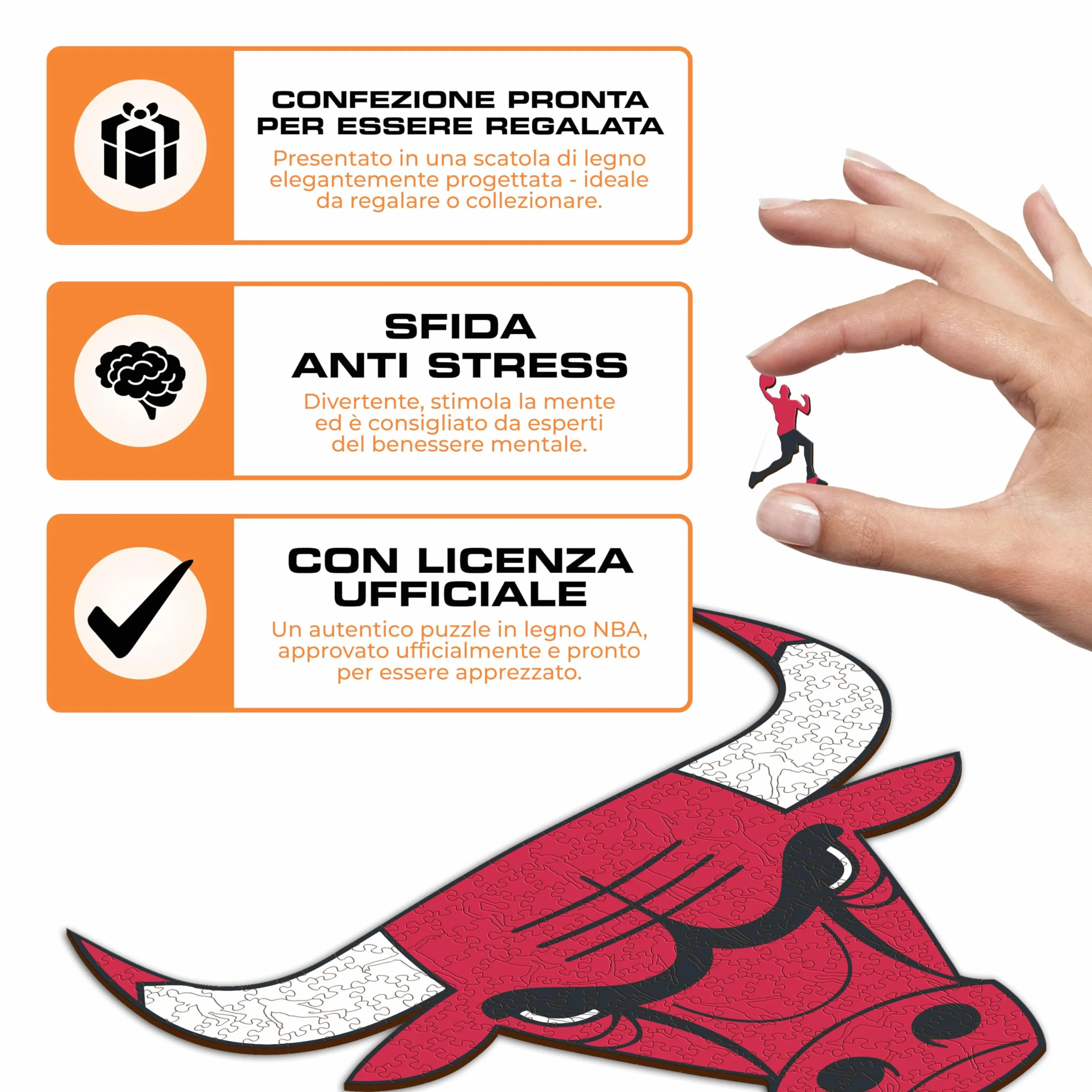Iconic Puzzles Chicago Bulls Logo Puzzle Legno Ufficiale NBA 150 Pezzi Sostenibile