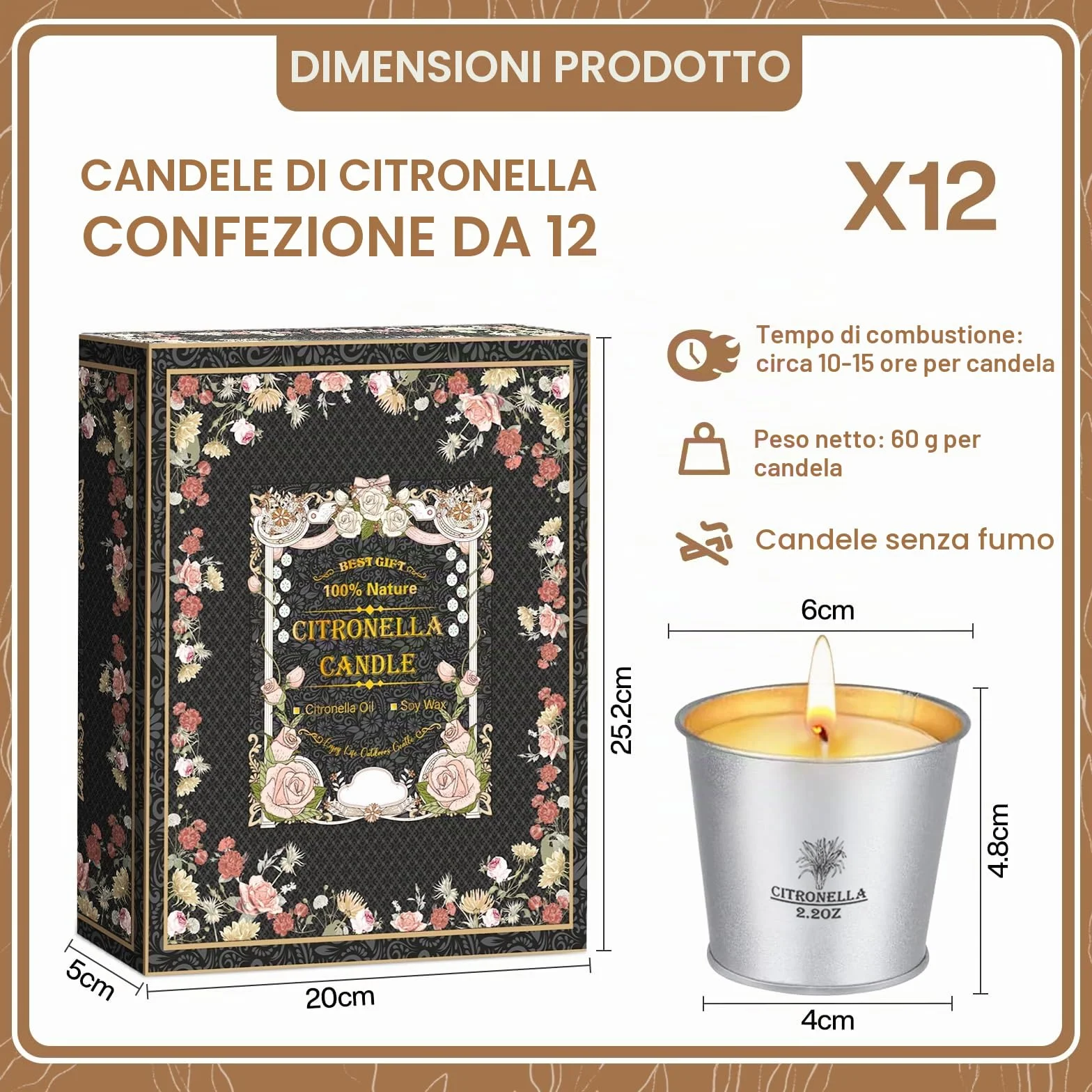 Candele Citronella Esterno Set 12x2.2oz Cera di Soia Naturale Oli di Citronella 120-180 Ore