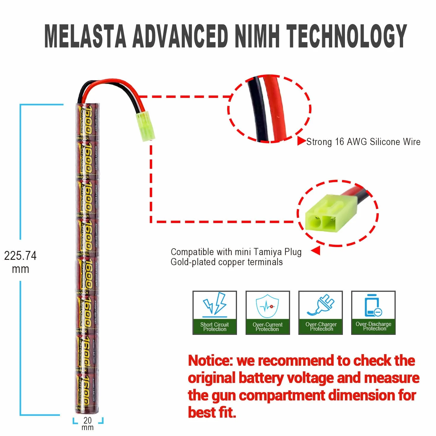 Melasta 9,6V 1600mAh Airsoft Batteria NiMH Butterfly Nunchuck con Mini Tamiya Connettore 2 PCS