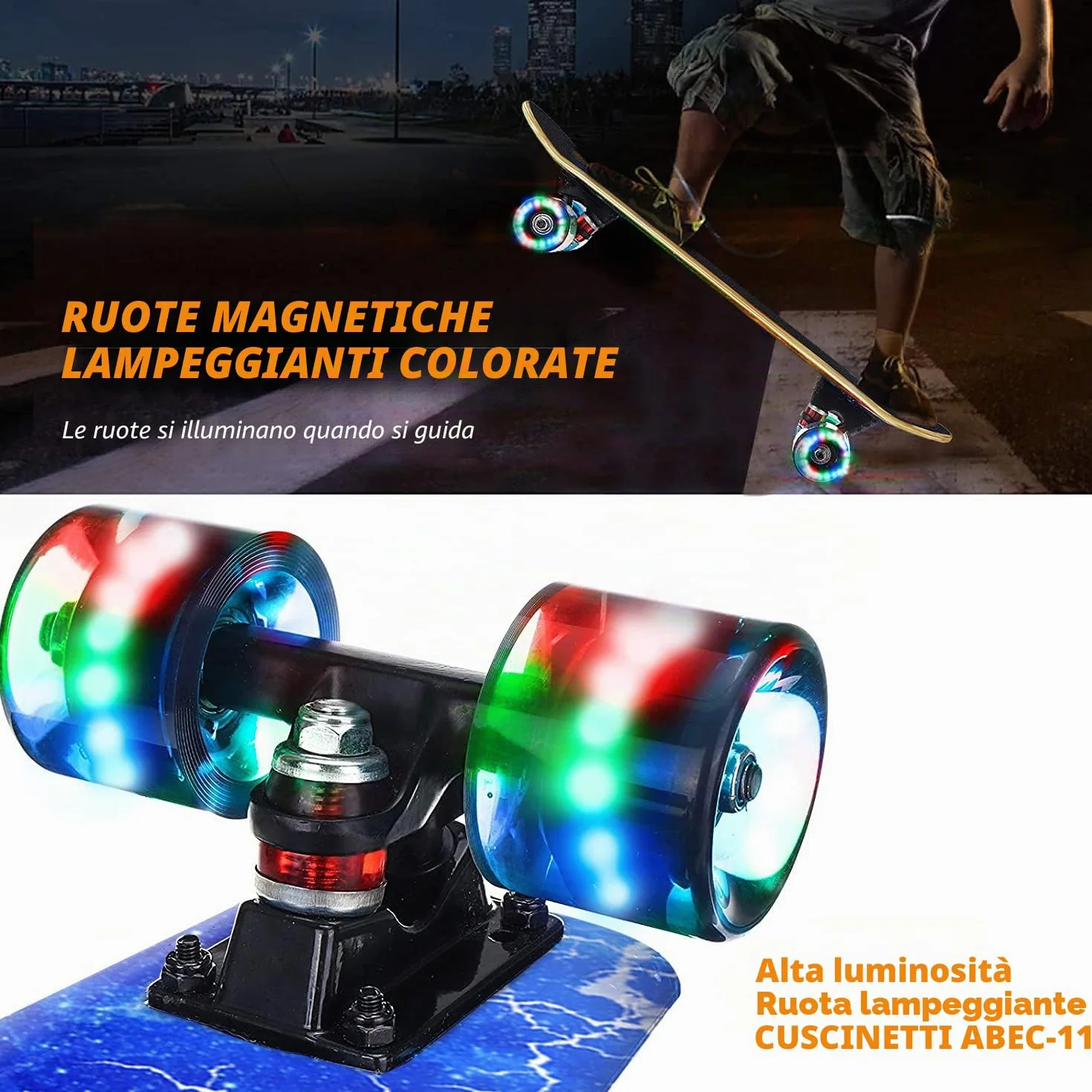Skateboard con ruote colorate lampeggianti per principianti, bambini, adolescenti e adulti, skateboard standard in acero a 9 strati
