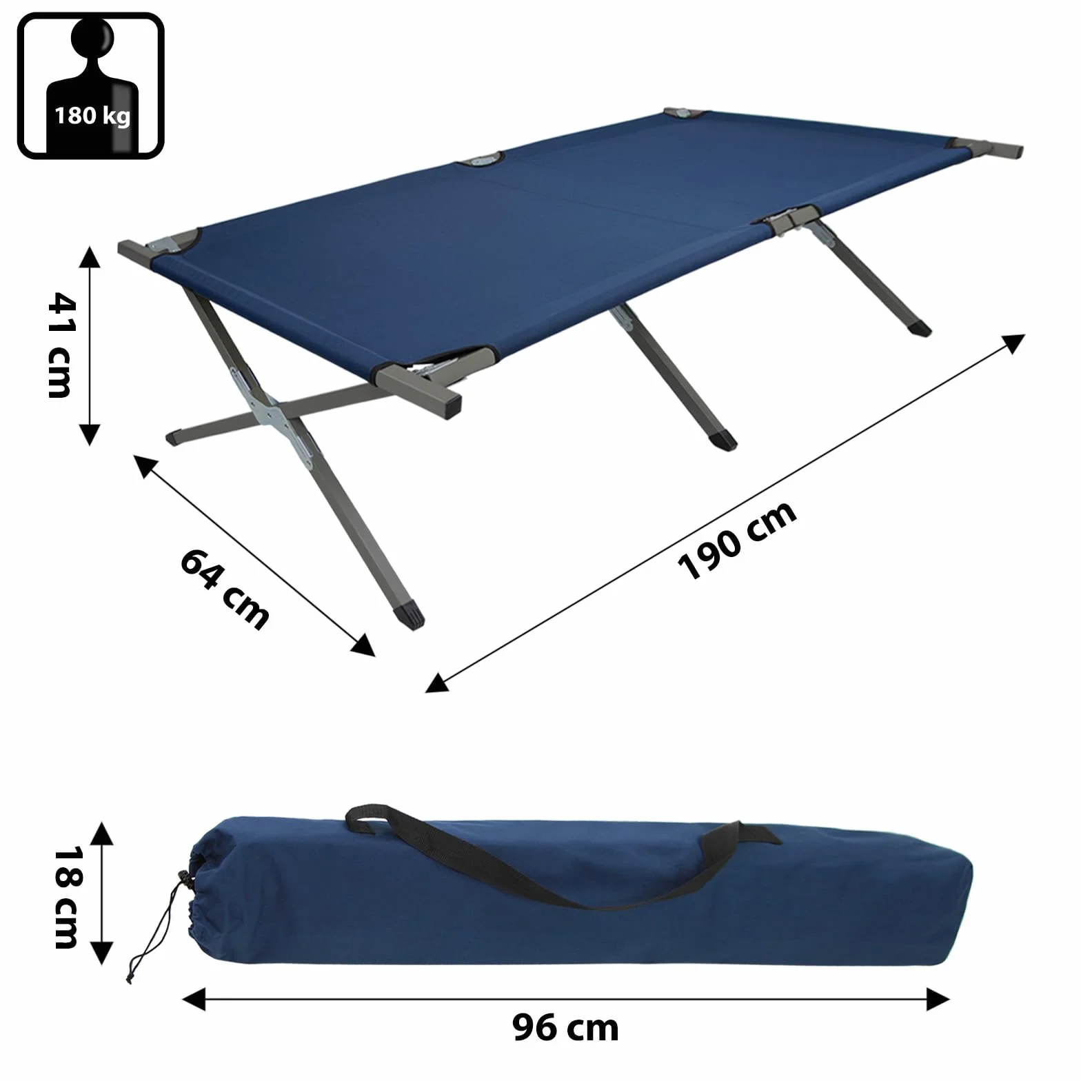 BB Sport Brandina Campeggio Letto Pieghevole 190x64x41 cm Stabile 180 kg Acciaio 600D Oxford Blu
