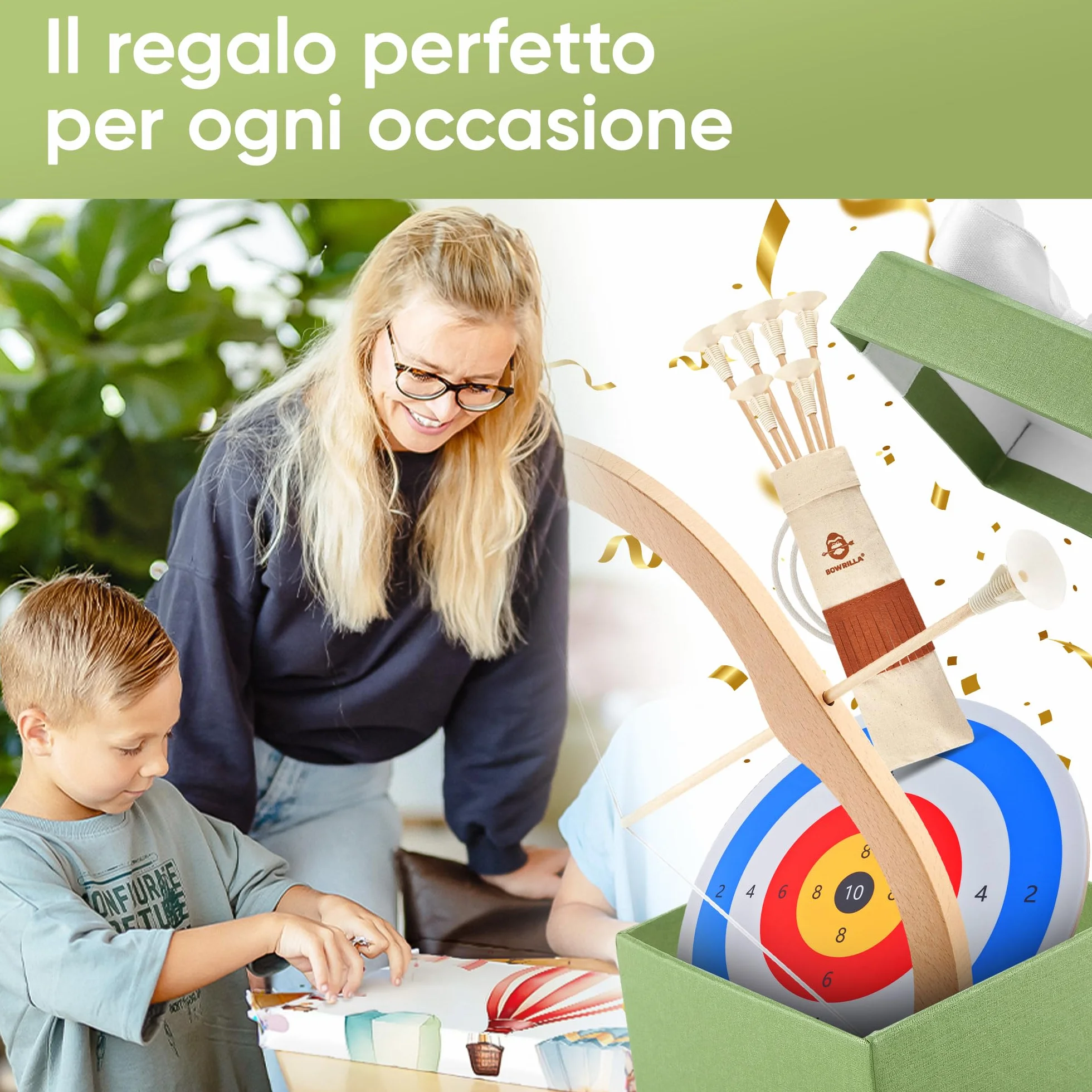 BOWRILLA® Set di Arco e Freccia per Bambini in Legno con 6 Frecce con Ventosa, Bersaglio e Faretra