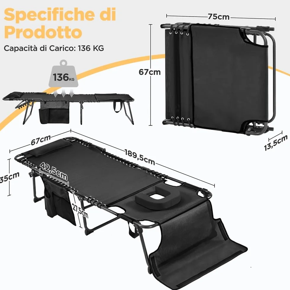 Yaheetech Lettino da Spiaggia Pieghevole Materasso Spesso 5 Regolazioni Tasca Laterale Portata 136 kg 189 x 67 x 35 cm Nero