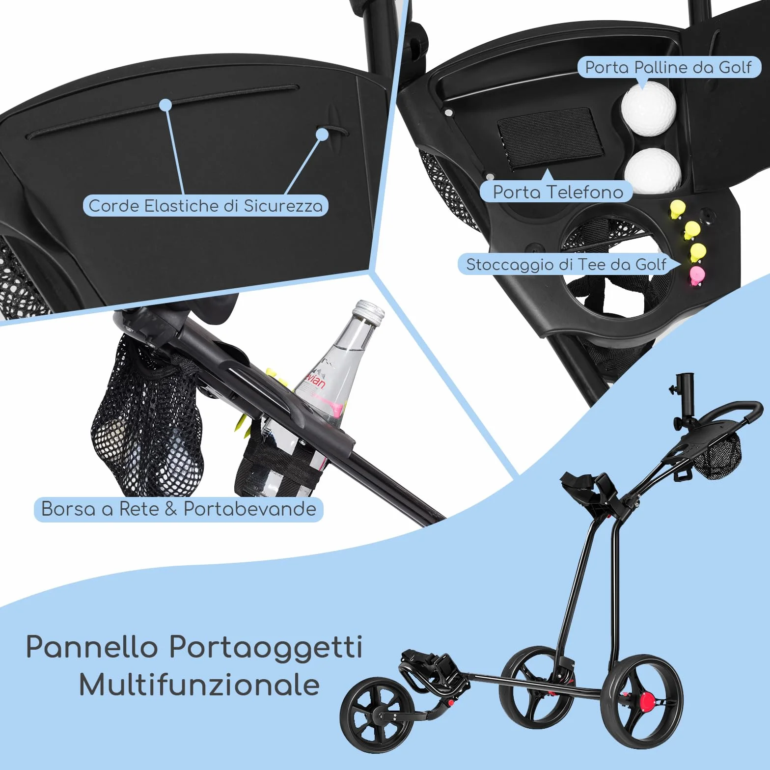 COSTWAY Carrello da Golf Pieghevole a 3 Ruote, Ferro, Maniglia Regolabile TPR, Freno a Pedale