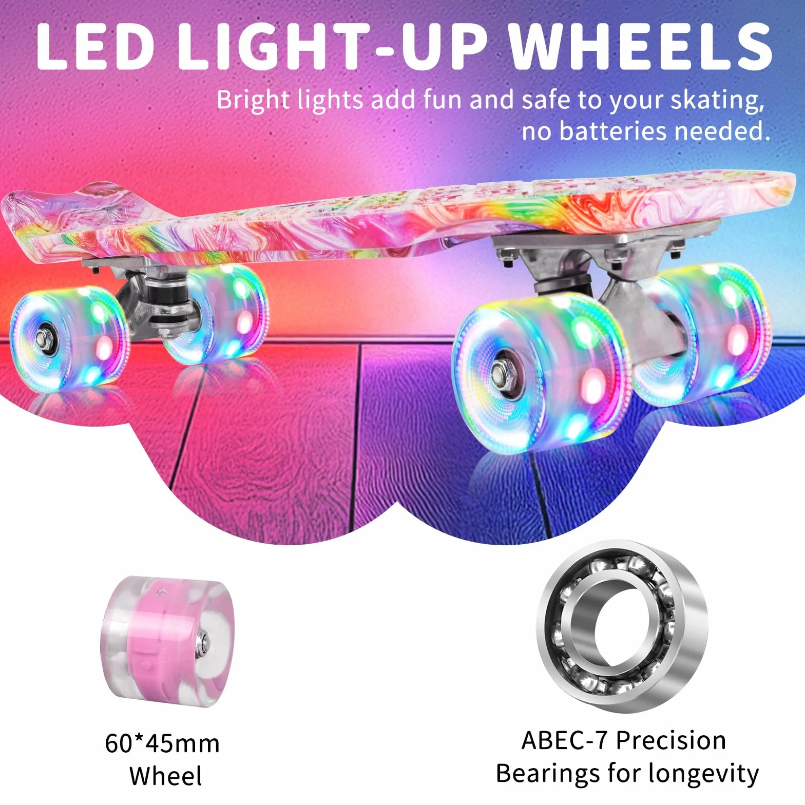 BELEEV Skateboard Cruiser da 55,9 cm per bambini, ragazzi, adolescenti, adulti, principianti, ruote luminose a LED, mini skateboard classico completo con attrezzo a T, carico massimo 99,8 kg