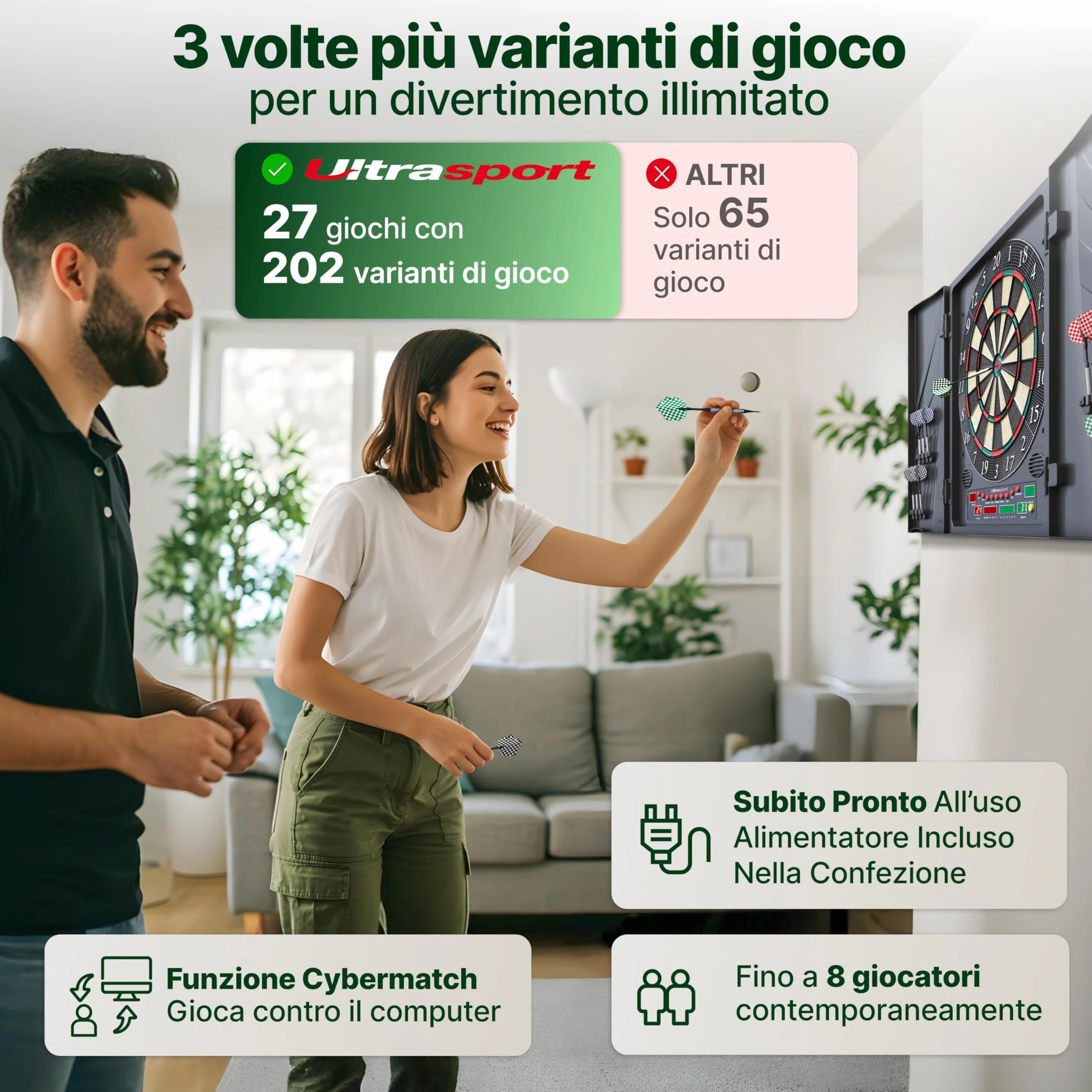 Ultrasport Tavola da Freccette Elettronica, 38 Giochi, 12 Freccette, 100 Punte morbide, LED