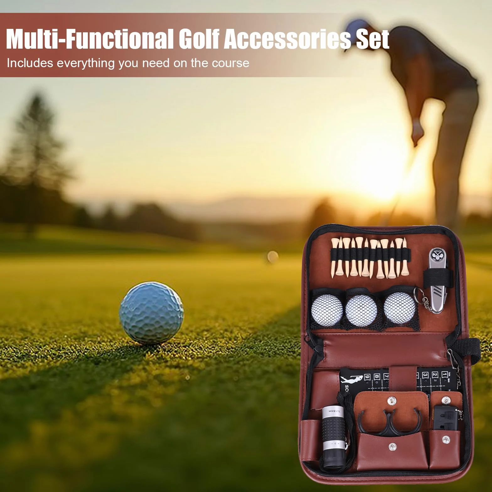 Kit Accessori da Golf Uomo Donna, Borsa Multifunzionale 7 in 1 con Tasca in PU per Golfista