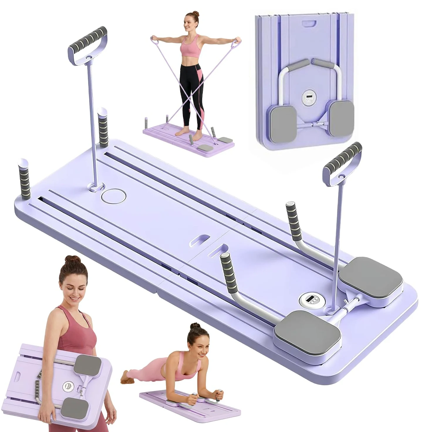 Saha® Tavola Pilates Reformer Viola | Attrezzo Addominali Fitness Casa con Bande di Resistenza, Maniglie e Timer | Yoga Core Allenamento Corpo Completo