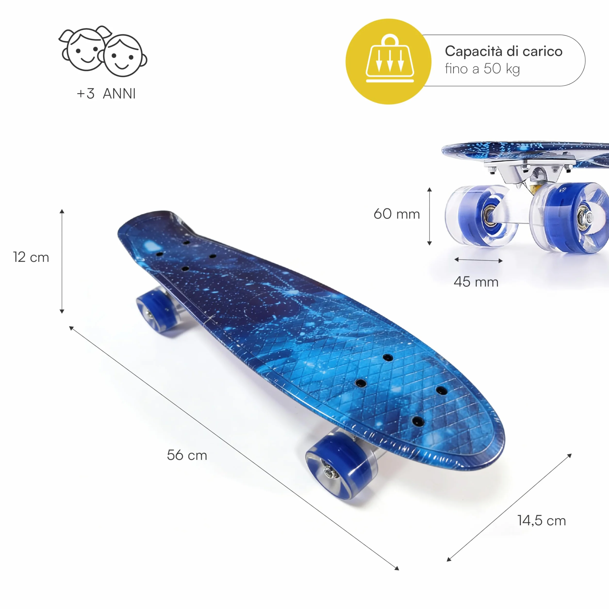 Baroni Toys Skateboard per Bambini dai 3 Anni, Skate Completo con Ruote LED Luminose Senza Batterie, Strumento T-Tool per Regolazione Intergato, 56x14,5x12 cm