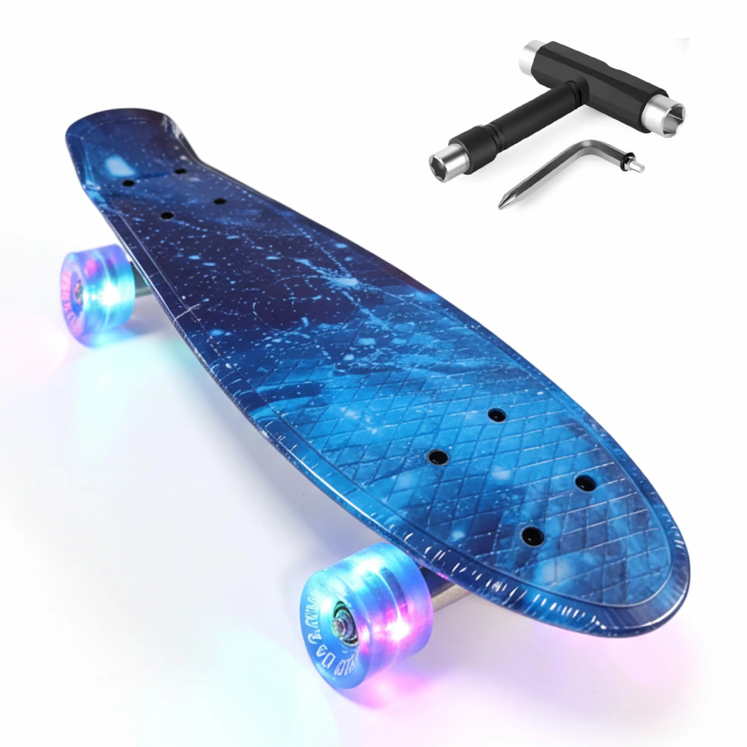 Baroni Toys Skateboard per Bambini dai 3 Anni, Skate Completo con Ruote LED Luminose Senza Batterie, Strumento T-Tool per Regolazione Intergato, 56x14,5x12 cm