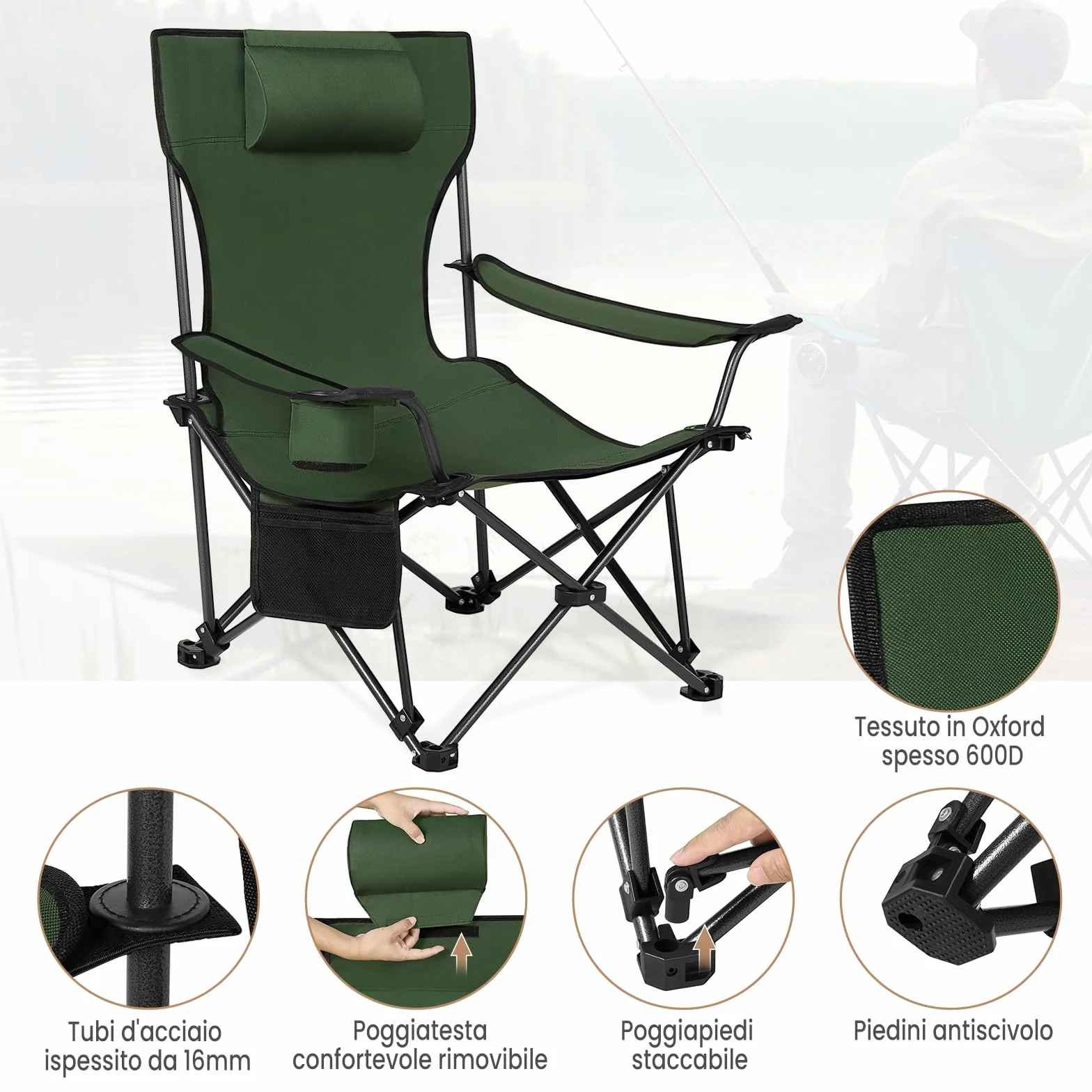 WOLTU Set di 2 Sedie da Campeggio Portatile Reclinabile con Poggiapiedi e Borsa da Trasporto, Verde