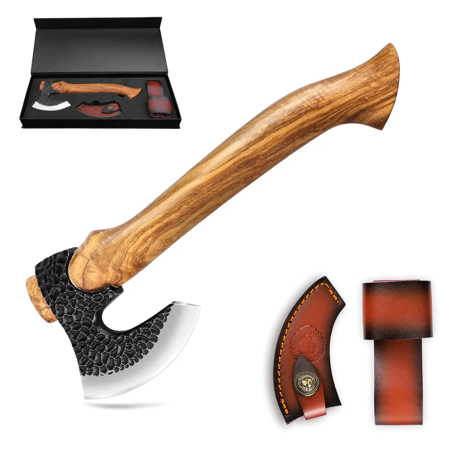 Golden Bird Mini Ascia con Fodero, Ascia da Campeggio 27CM con Manico in Legno di Pero Trekking Ascia di Sopravvivenza Retro Ascia da Esterno Forgiata a Mano