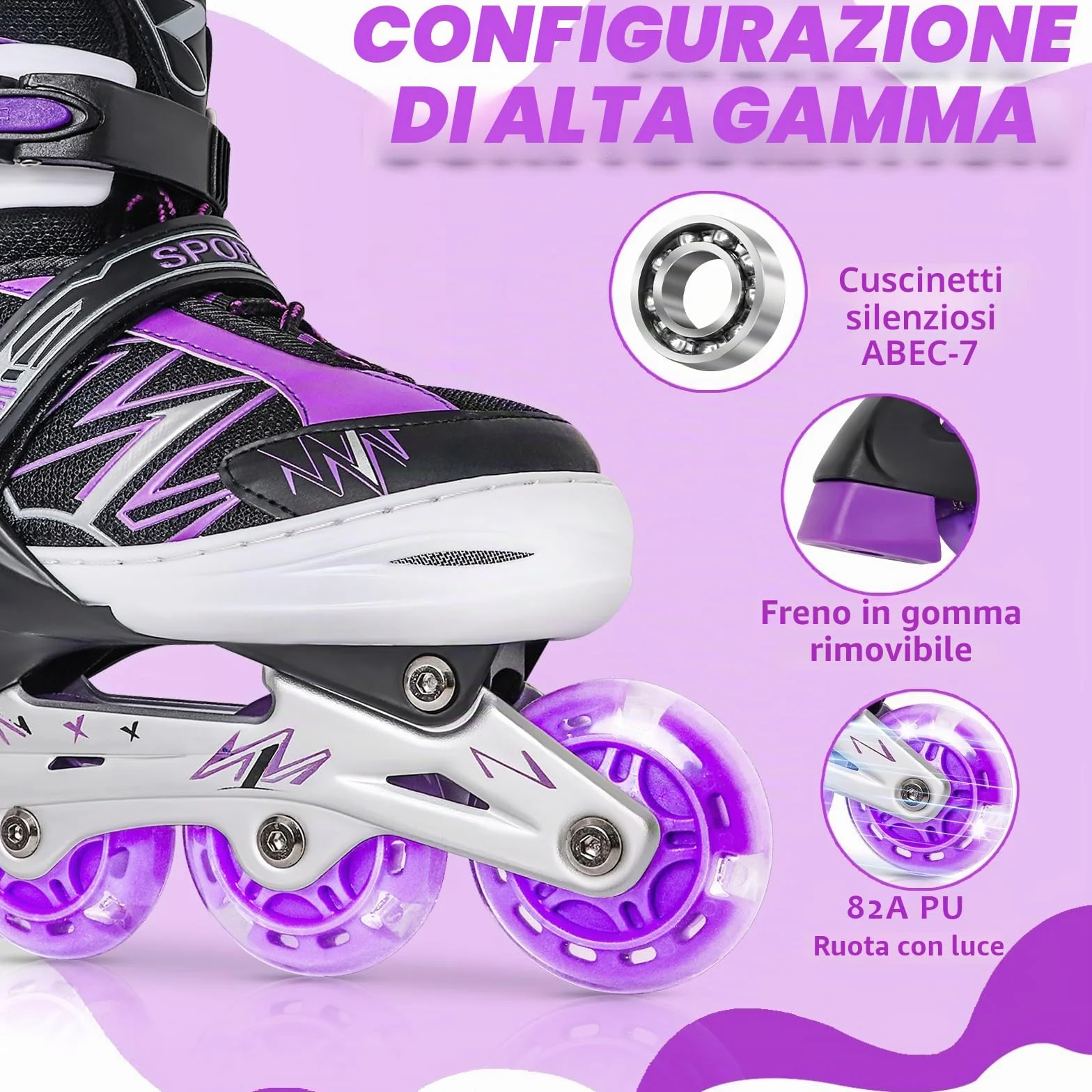 Pattini in linea regolabili per bambini ragazze ragazzi principianti, Pattini a rotelle rosso e viola per bambino e adolescente per lo sport