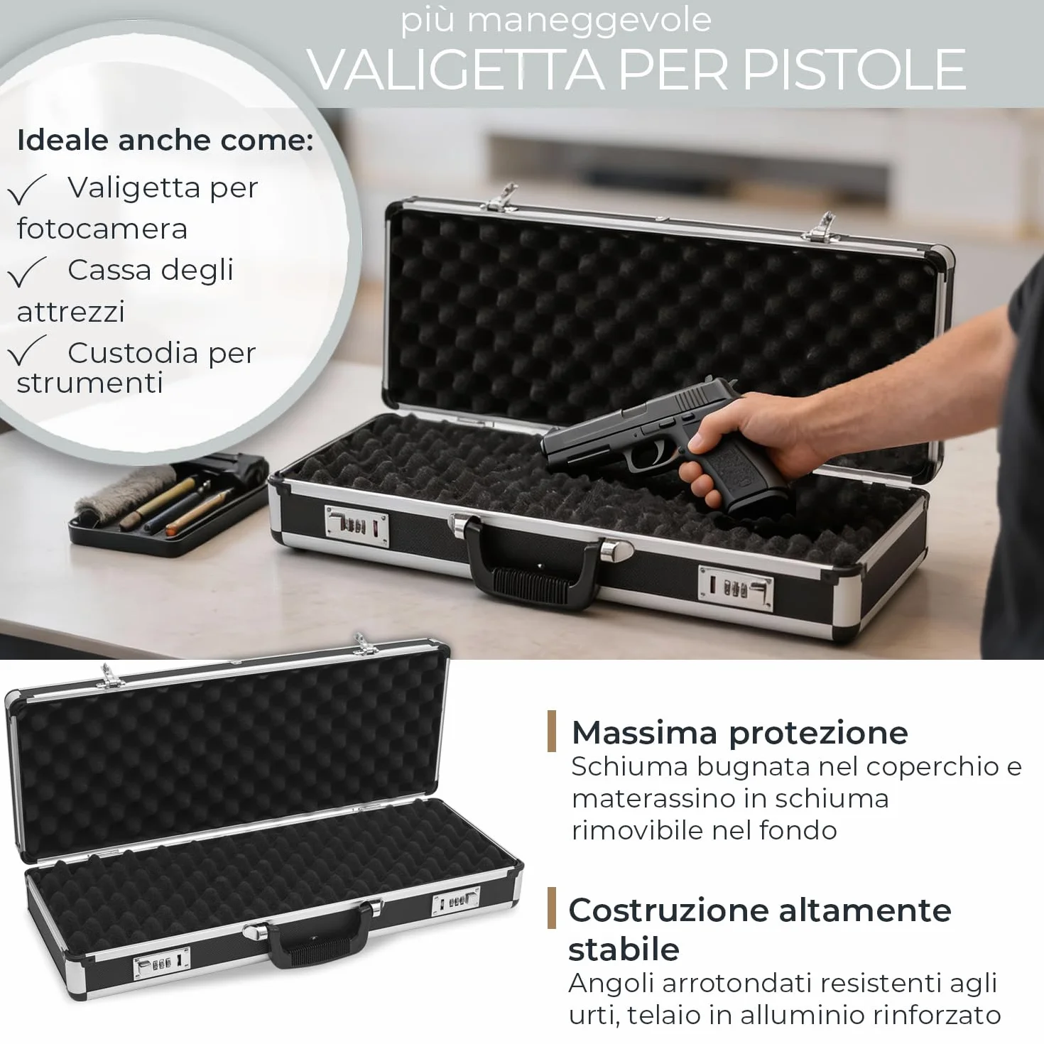 HMF 14433-02 Valise en aluminium pour armes à feu avec serrure à combinaison | 62 x 26 x 12 cm | Noir