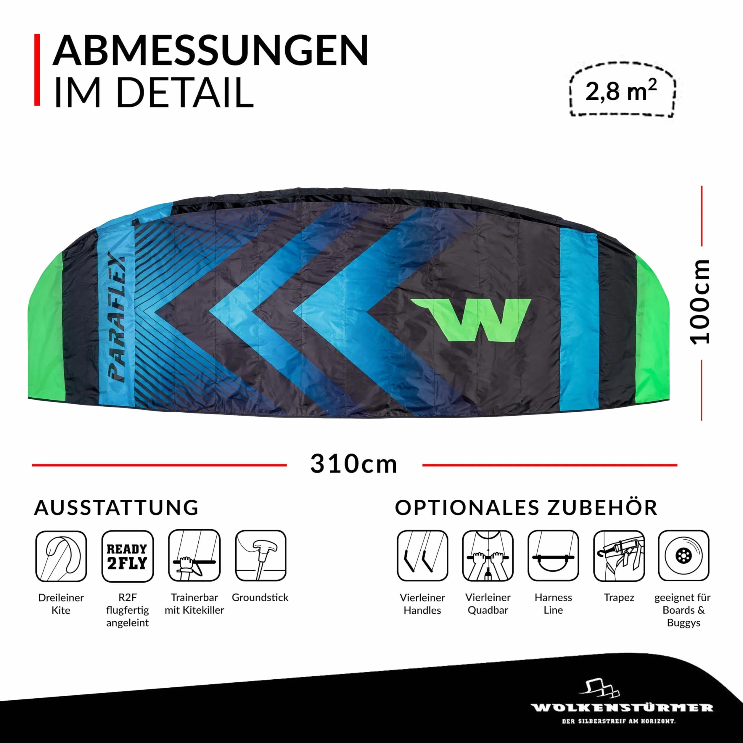 Wolkenstürmer Paraflex Trainer 310 cm Tappetino per lo sterzo 3 l 3.1 Kite & Windtrainer con barra di allenamento