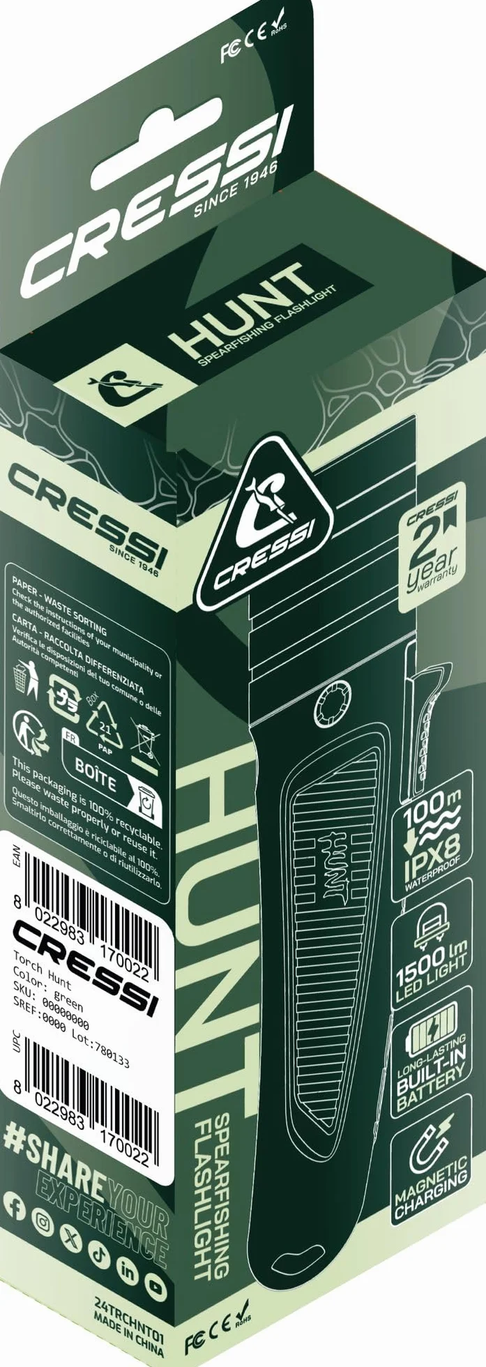 CRESSI Hunt Torch 1600 Torcia Subacquea LED Ricaricabile 1600 Lumen Impermeabile IPX8 100m