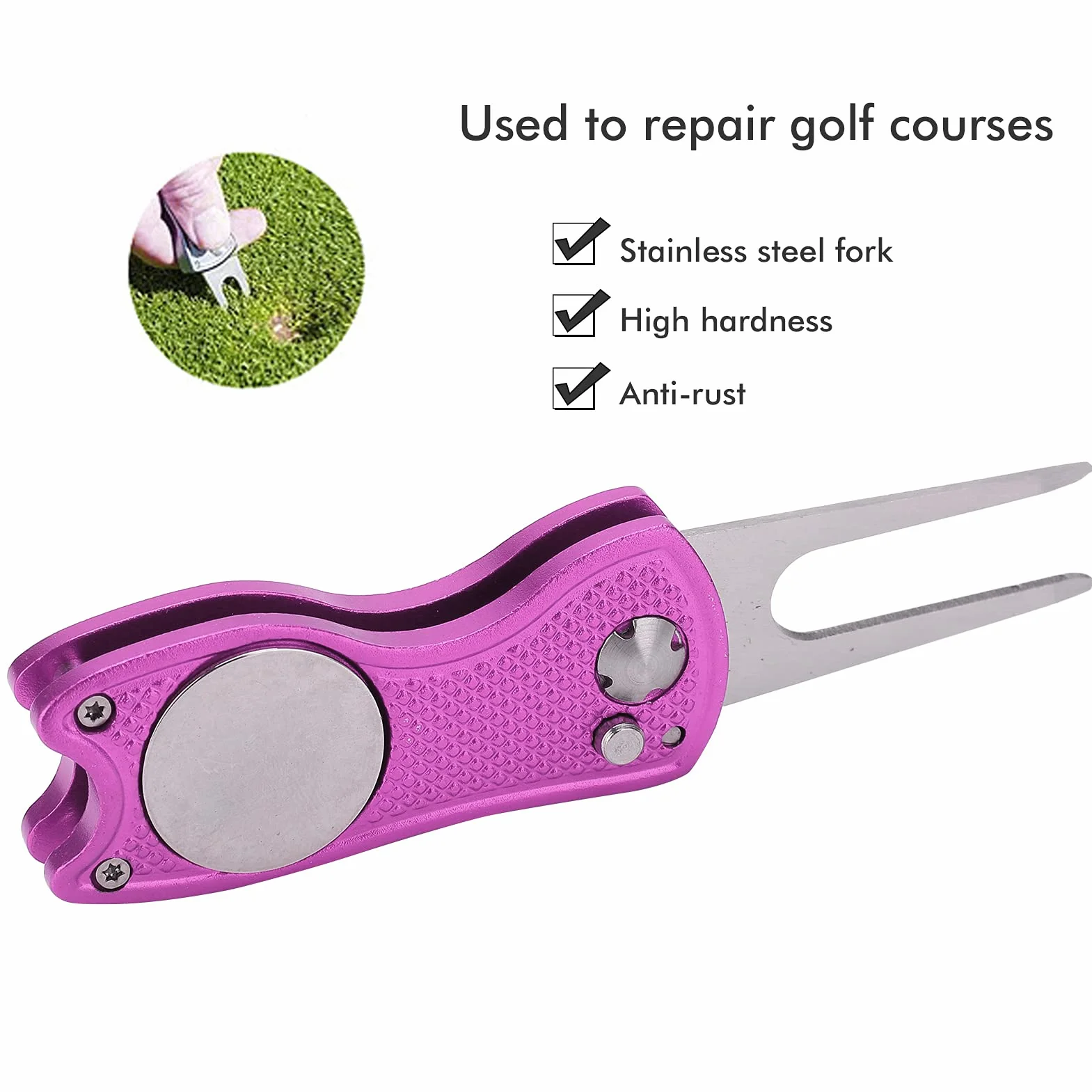 Forchetta da Golf Pieghevole in Acciaio Inossidabile, Strumento di Riparazione Divot Magnetico con Marcapalle, Rosa