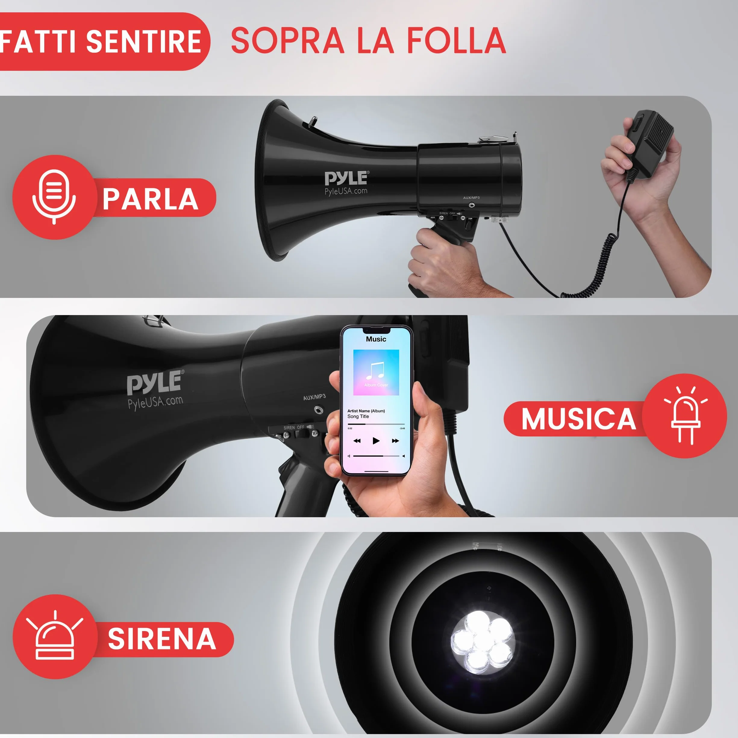Pyle Megafono 50 Watt Portatile con Microfono, Sirena Allarme e Volume Regolabile