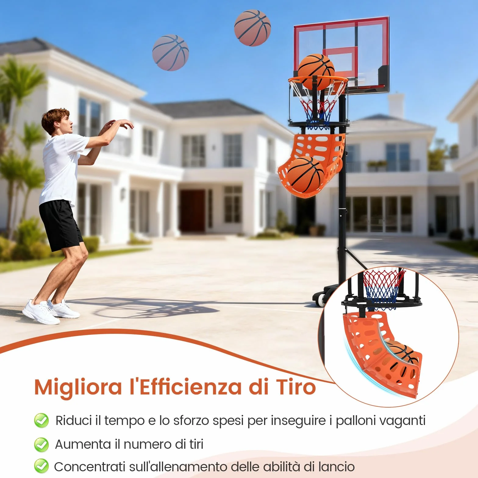 COSTWAY Sistema di Ritorno Palla Basket Rotante 360° 4 Ganci Smontabili Allenamento Tiro