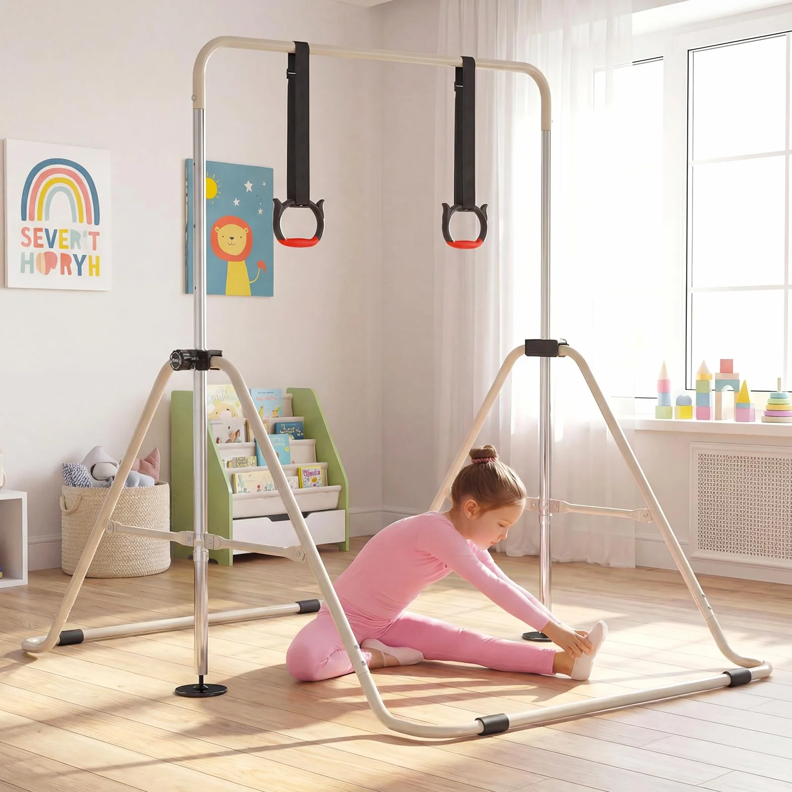COSTWAY Sbarra Ginnastica Pieghevole per Bambini, Regolabile a 4 Livelli con Anelli e Cuscinetti Antiscivolo