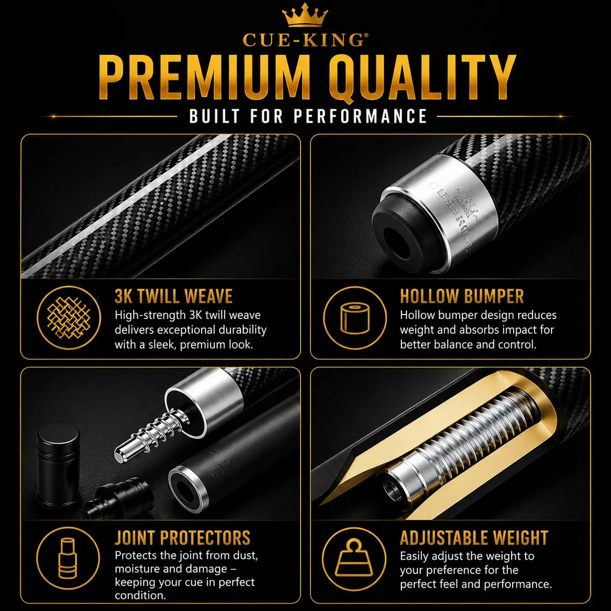 Cue-King Pro Series Stecca da biliardo in carbonio 147,3 cm 510,3 g 2 pezzi punta 12,5 mm