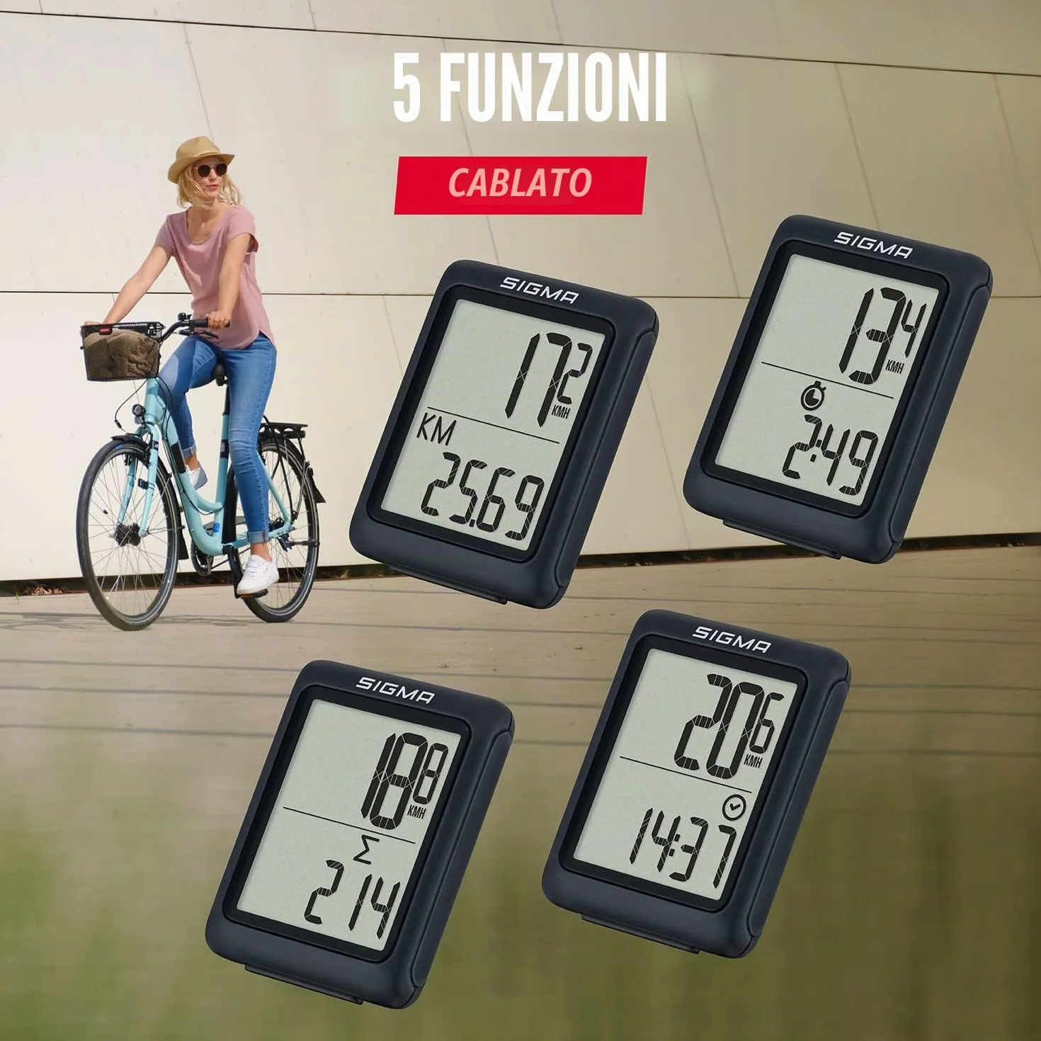 SIGMA BC 5.0 WR Ciclocomputer a filo 5 funzioni per principianti tasti grandi display chiaro
