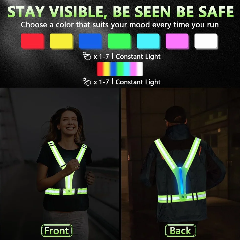 Ainiv LED Bretelle Catarifrangenti 8 Colori Gilet di Sicurezza Ricaricabile USB-C Alta Visibilità Regolabile
