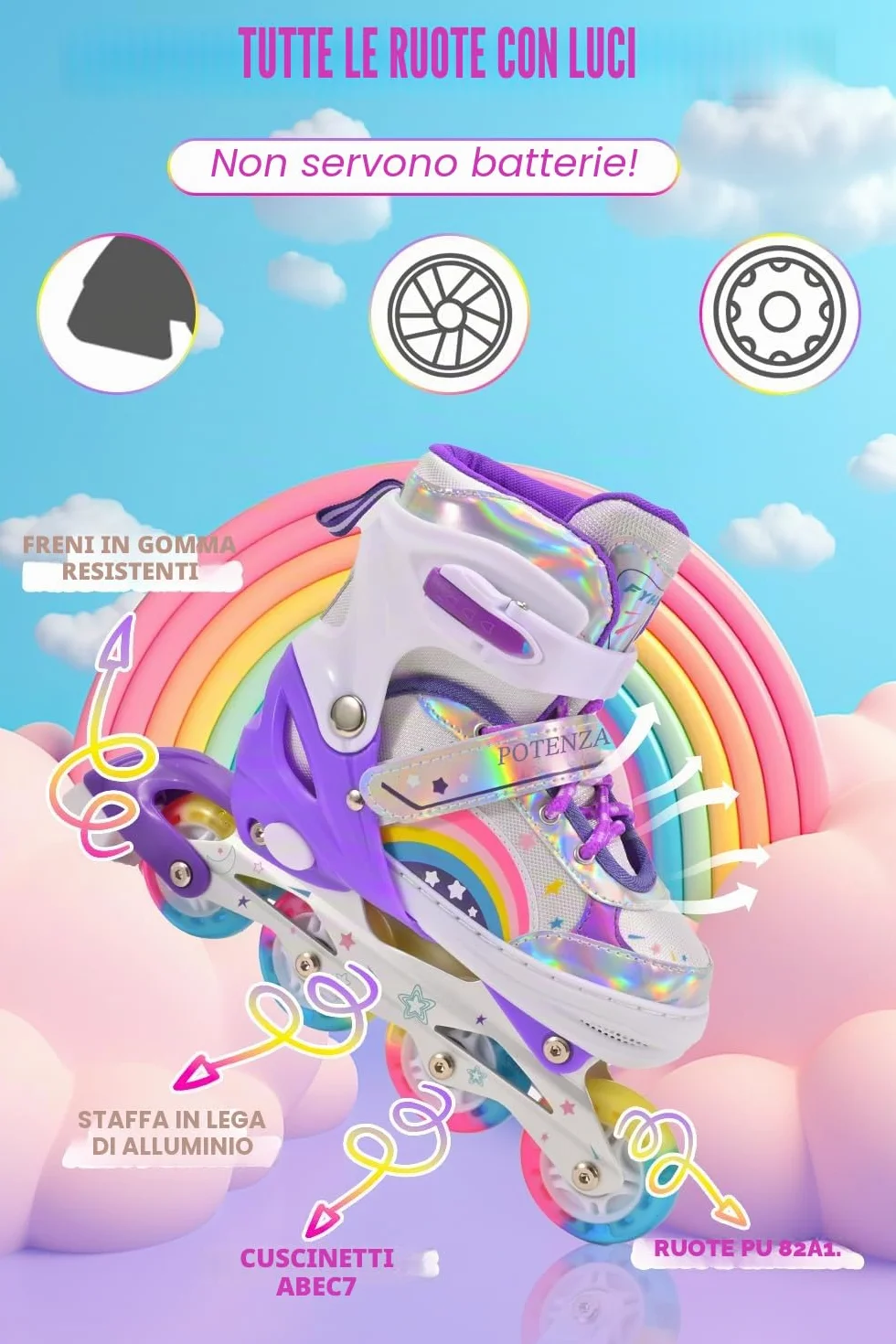 Pattini in linea regolabili per bambini ragazze ragazzi principianti, Pattini a rotelle per bambino e adolescente per lo sport Viola Arcobaleno