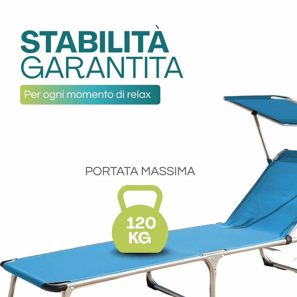 Lettino Prendisole Pieghevole in ALLUMINIO 190x60x80 cm Tessuto Textilene impermeabile tubolare 25mm Peso Max 120kg Azzurro