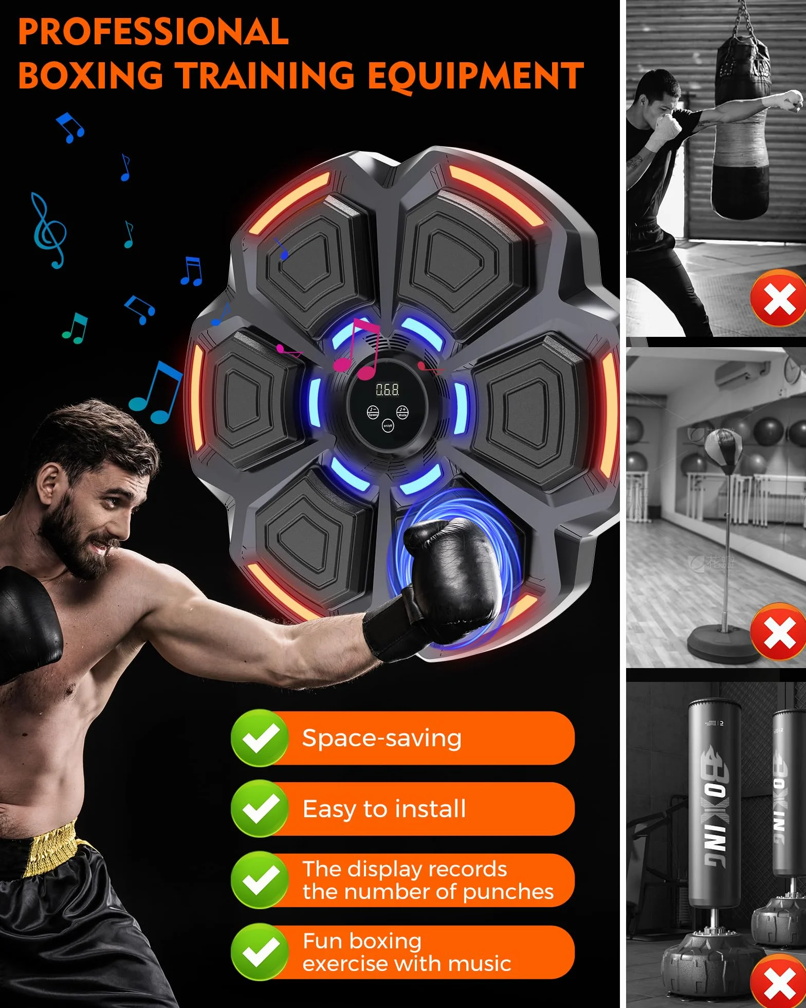 snawowo Music Boxing Machine Adulti - 9 modalità di velocità Macchina da Box Musicale Pugile con Guanti da Boxe - LED Parete Tira Pugni con Musica - Bluetooth Boxe Allenamento per Casa