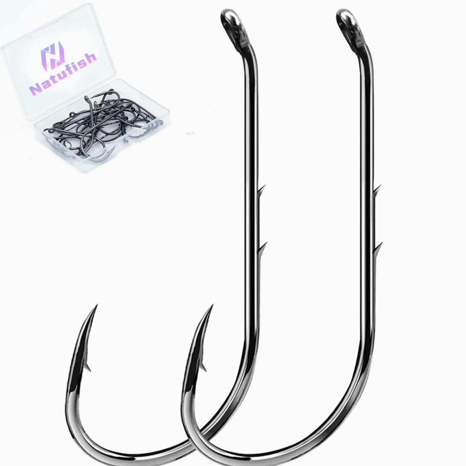 Natufish Baitholder - Ganci da pesca per esche da pesca, offset/doppio spinato/gambo lungo/occhio verso il basso, per esche vive morbide in acqua salata, 50 pezzi