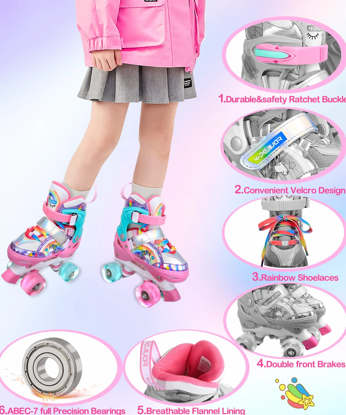 Pattini a Rotelle Bambina Unicorno Pattini Regolabili Pattini a Rotelle in Linea con 4 LED Ruote per Bambini Ragazzi Principianti