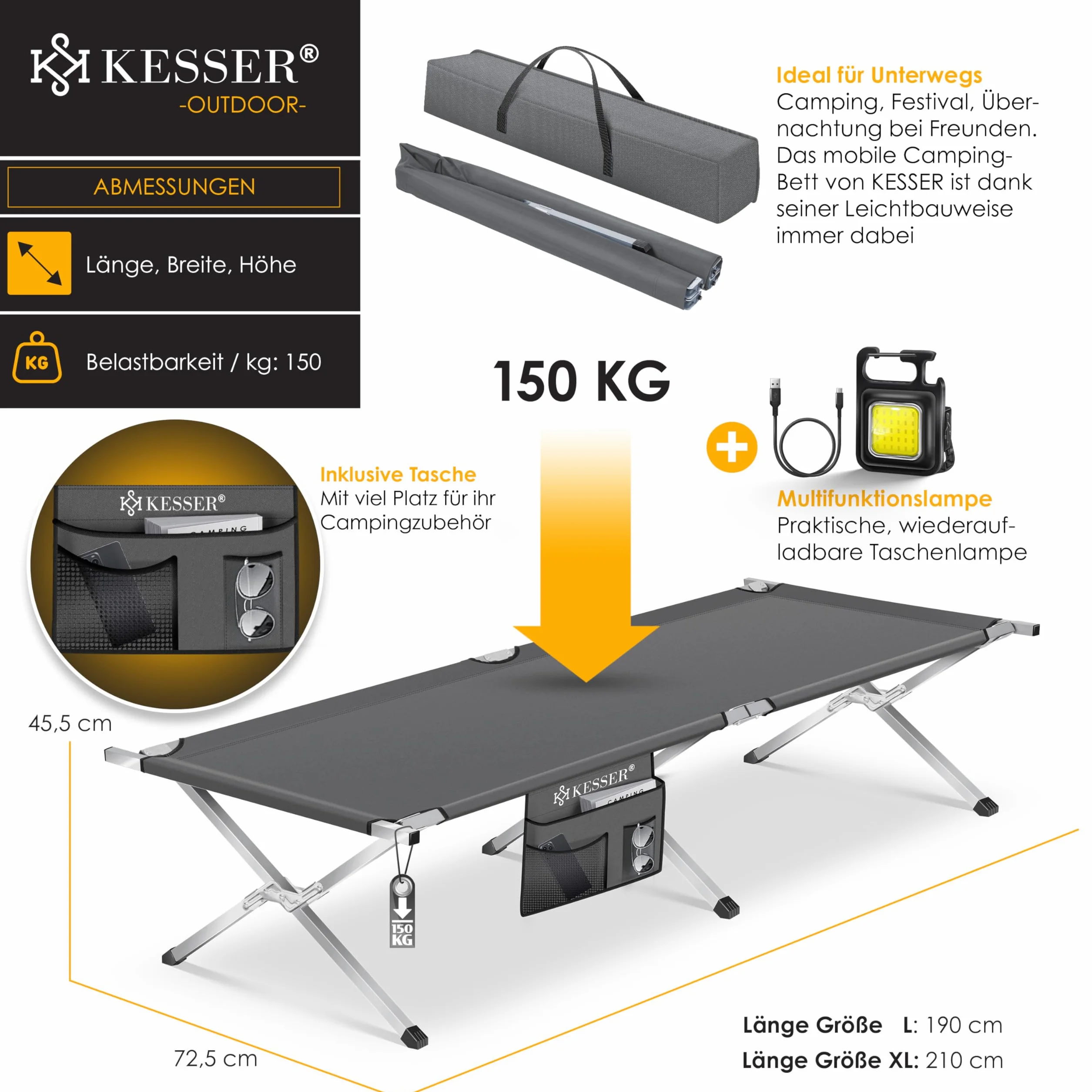 KESSER® Lettino da Campeggio Pieghevole 150 kg Tessuto Oxford 600D Portatile con Borsa