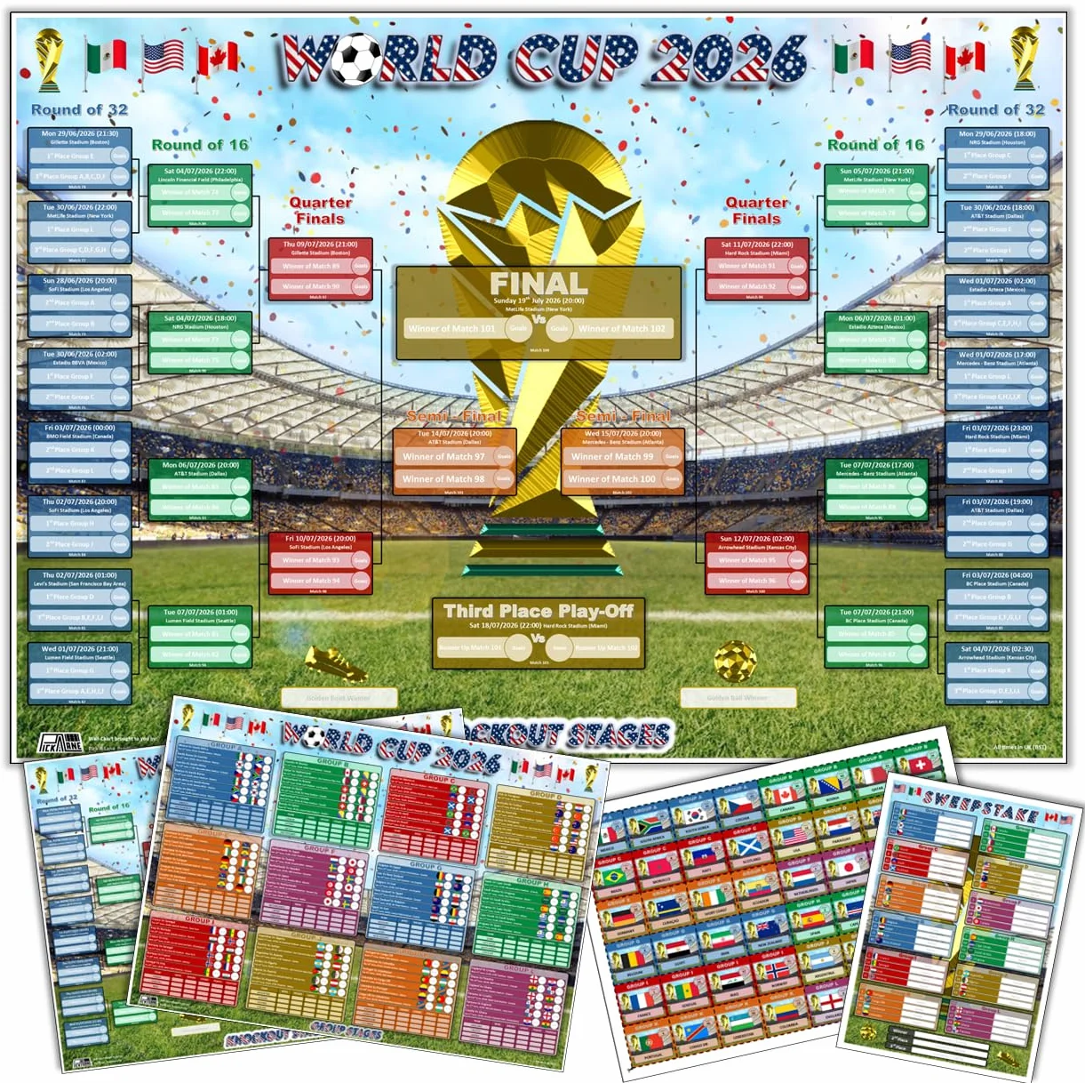 World Cup 2026 Wall Chart & Sweepstake Kit – Calcio Wall Planner z posterem, rejestrem A4 i 48 biletami